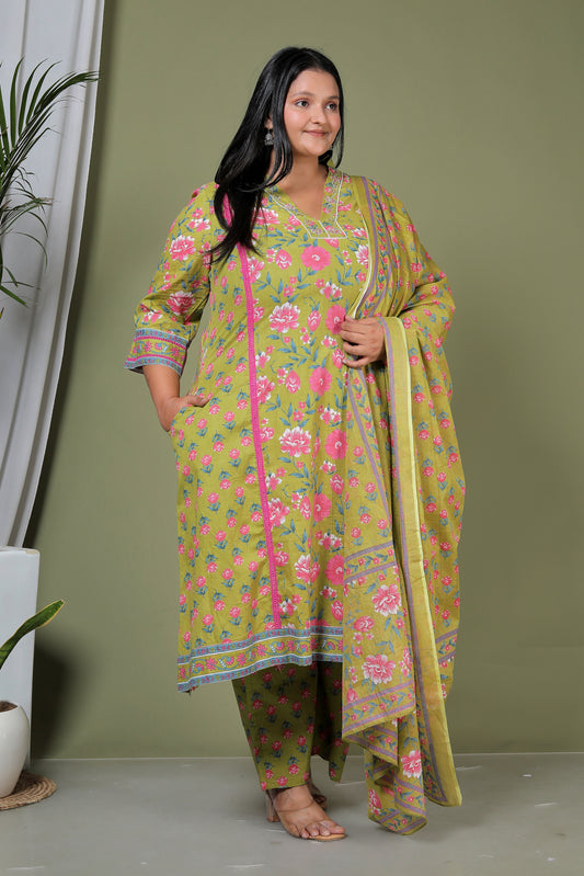 FLORAL PRINT HANDWORK COTTON 3 PEICE KURTA PLAZZO IN FRESH GREEN BY PLUSSIZEKURTI