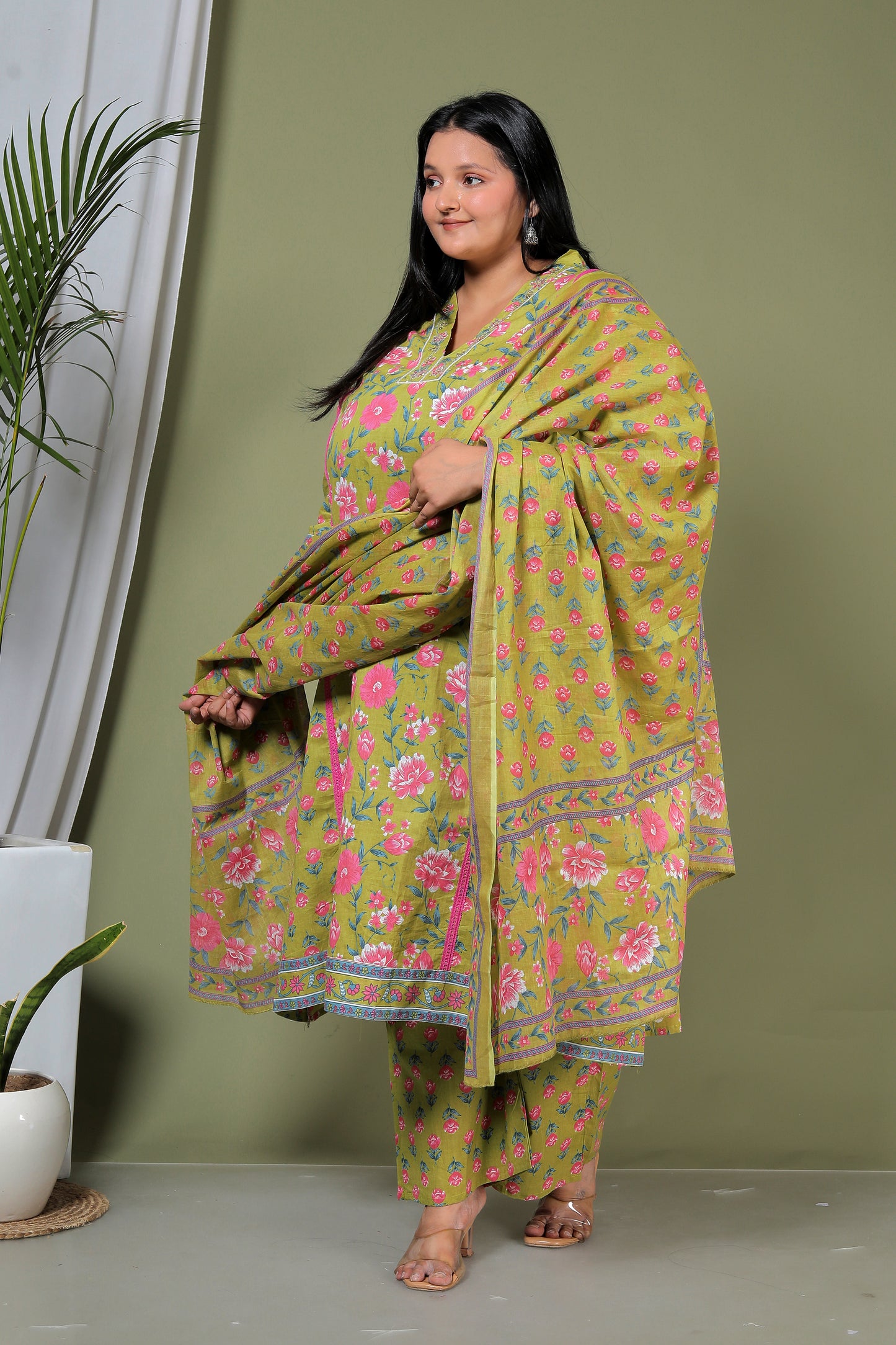FLORAL PRINT HANDWORK COTTON 3 PEICE KURTA PLAZZO IN FRESH GREEN BY PLUSSIZEKURTI