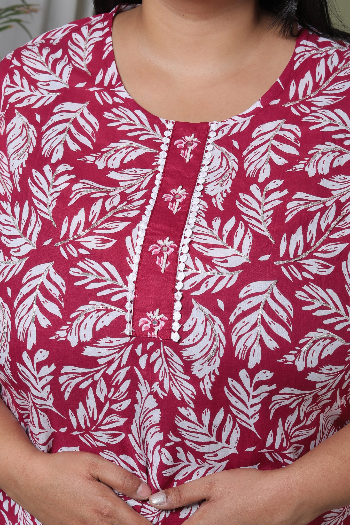 LEAF PRINT HANDWORK COTTON 2 PEICE KURTA PANT IN PINK BY PLUSSIZEKURTI
