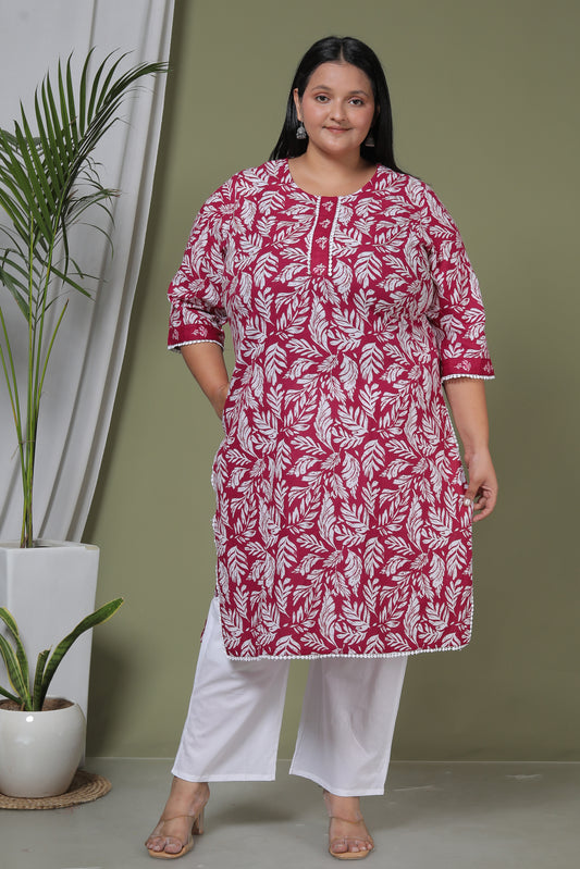 LEAF PRINT HANDWORK COTTON 2 PEICE KURTA PANT IN PINK BY PLUSSIZEKURTI