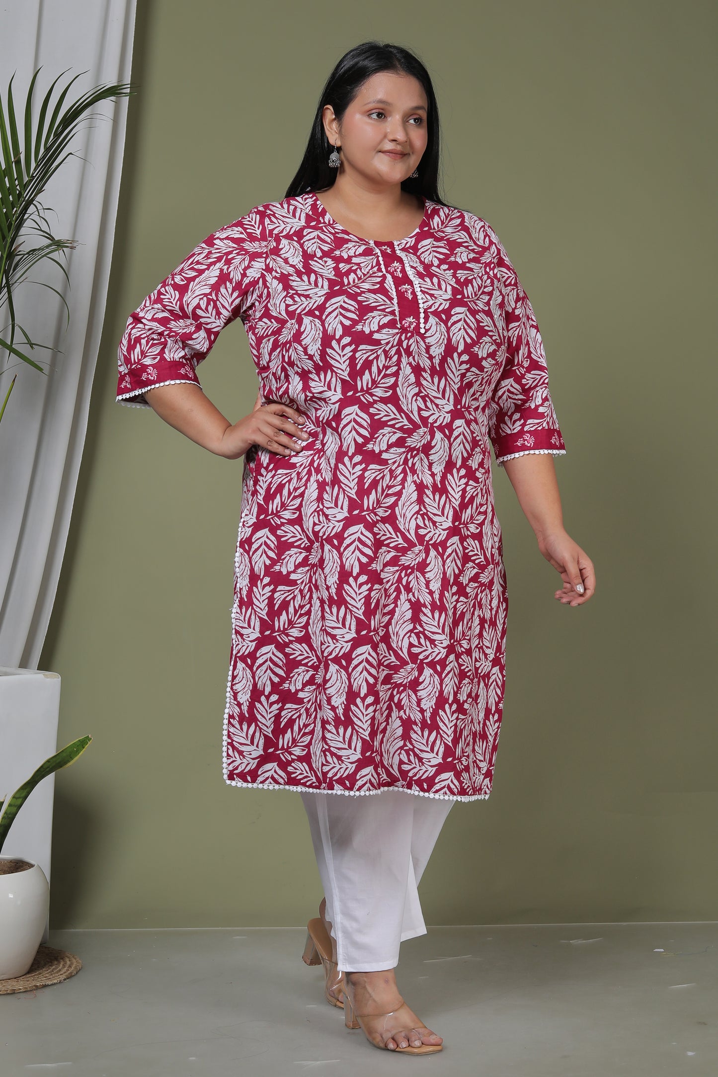 LEAF PRINT HANDWORK COTTON 2 PEICE KURTA PANT IN PINK BY PLUSSIZEKURTI