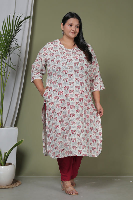 ELEPHANT MOTIF PRINT COTTON 2 PEICE KURTA PANT IN GREY/MAHROON BY PLUSSIZEKURTI