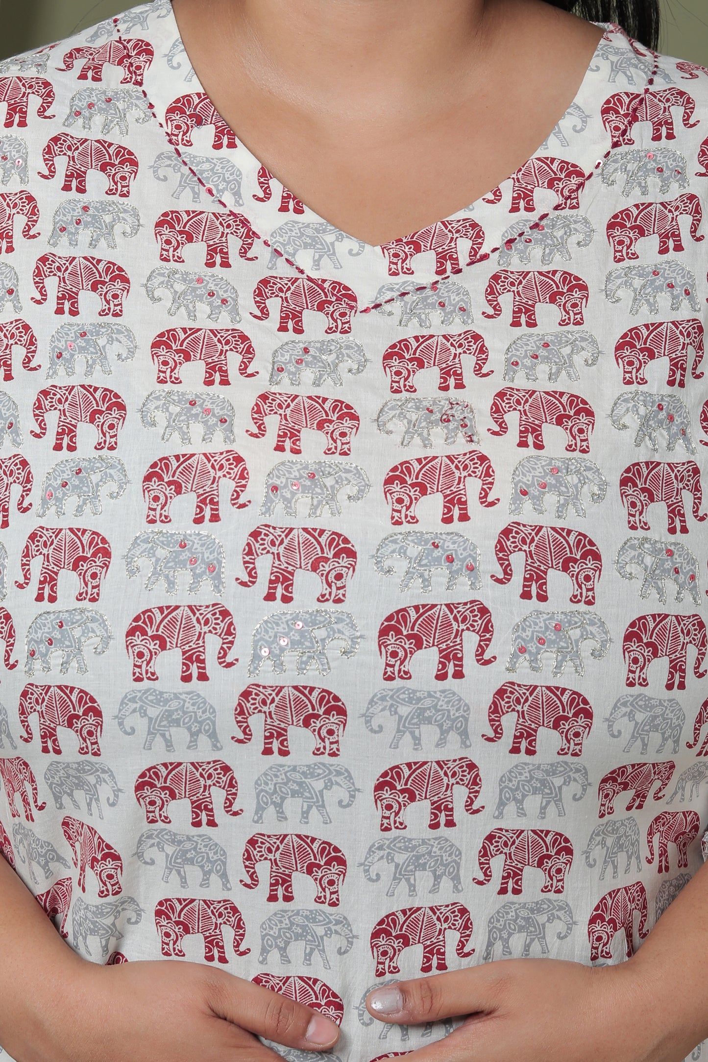 ELEPHANT MOTIF PRINT COTTON 2 PEICE KURTA PANT IN GREY/MAHROON BY PLUSSIZEKURTI