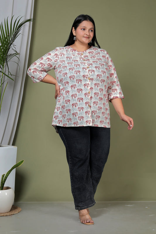 ELEPHANT MOTIF PRINT COTTON SHIRT TOP IN IVORY COLOUR BY PLUSSIZEKURTI