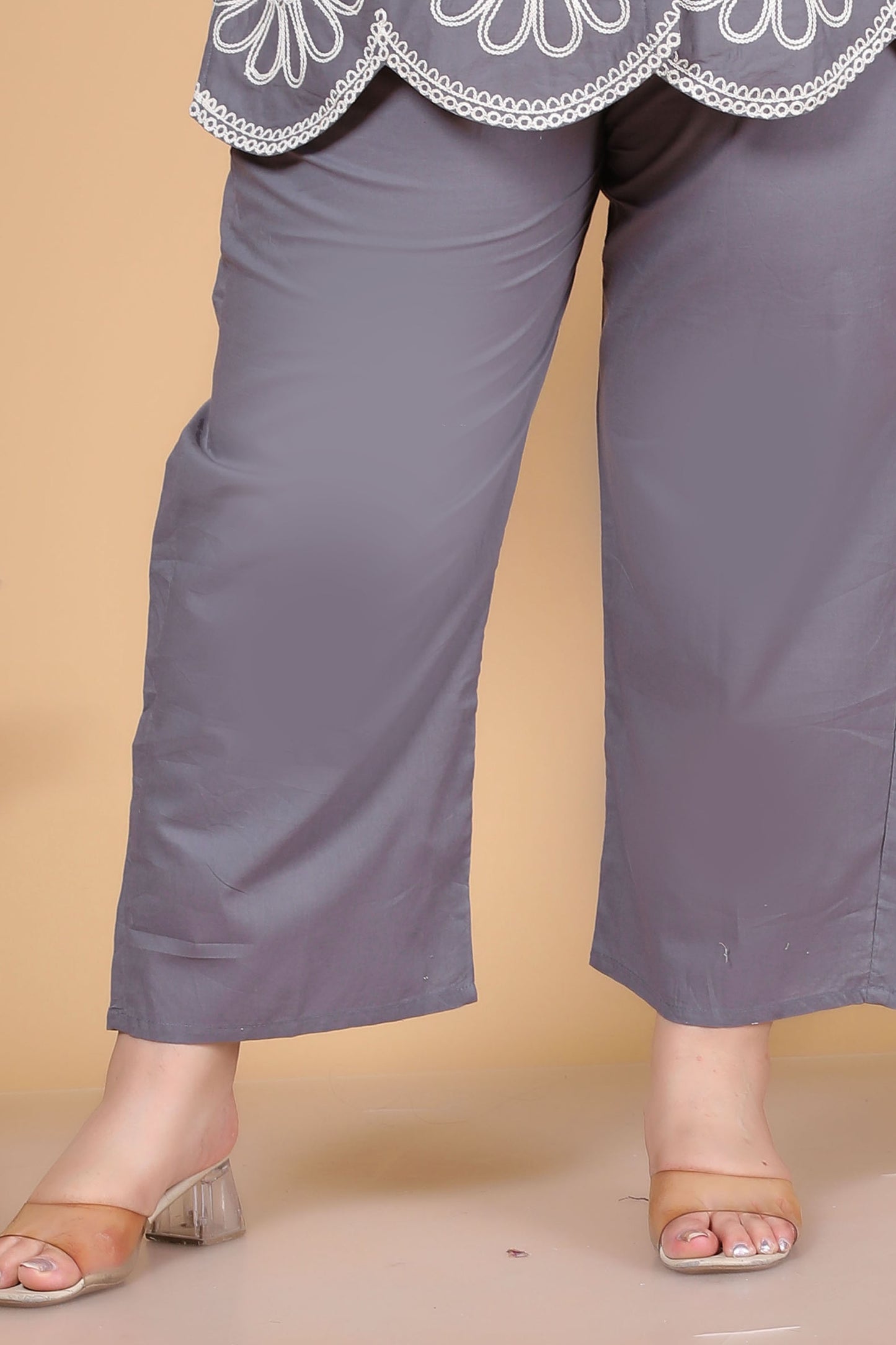 SOLID FLORAL EMBROIDERY COTTON CO-ORD SET IN GREY BY PLUSSIZEKURTI