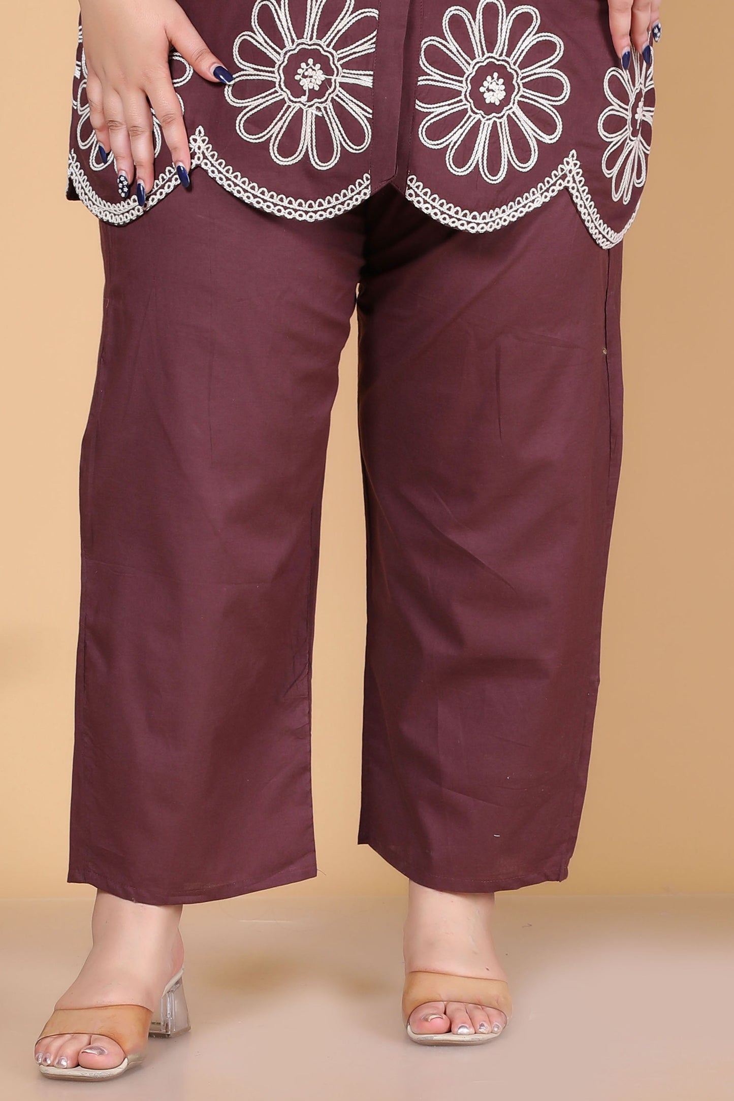 SOLID FLORAL EMBROIDERY COTTON CO-ORD SET IN BROWN BY PLUSSIZEKURTI