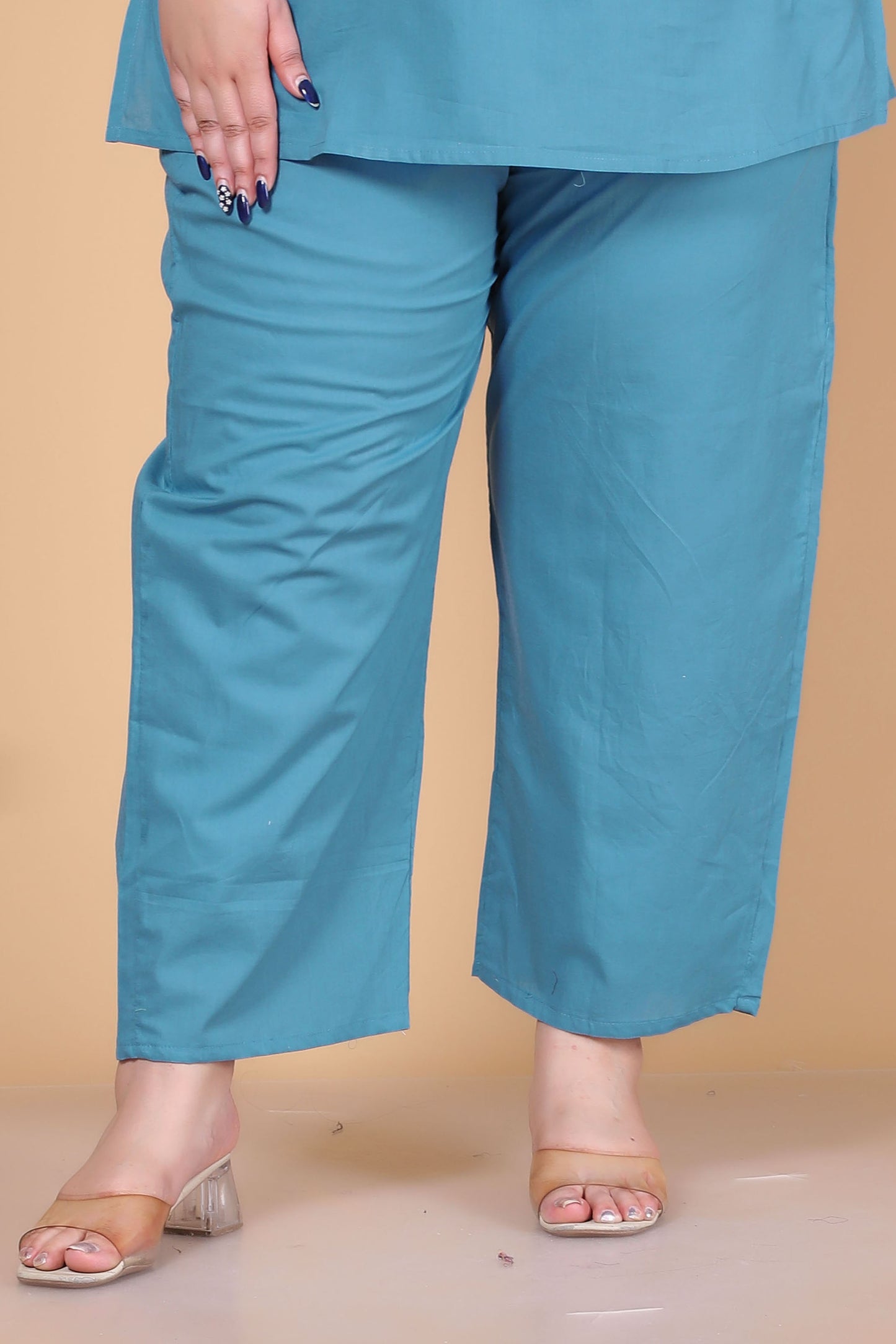 SOLID COTTON CO-ORD SET IN TEAL BLUE BY PLUSSIZEKURTI