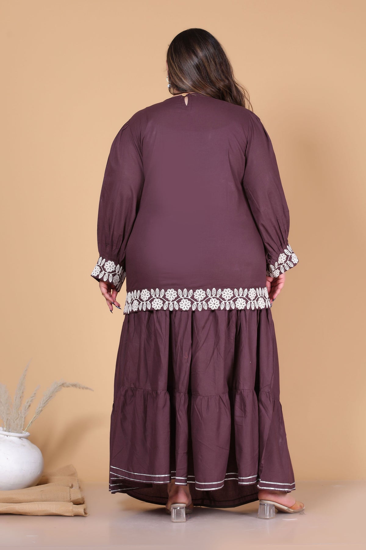 SOLID BLOOM EMBROIDERY COTTON TOP IN BROWN COLOUR BY PLUSSIZEKURTI