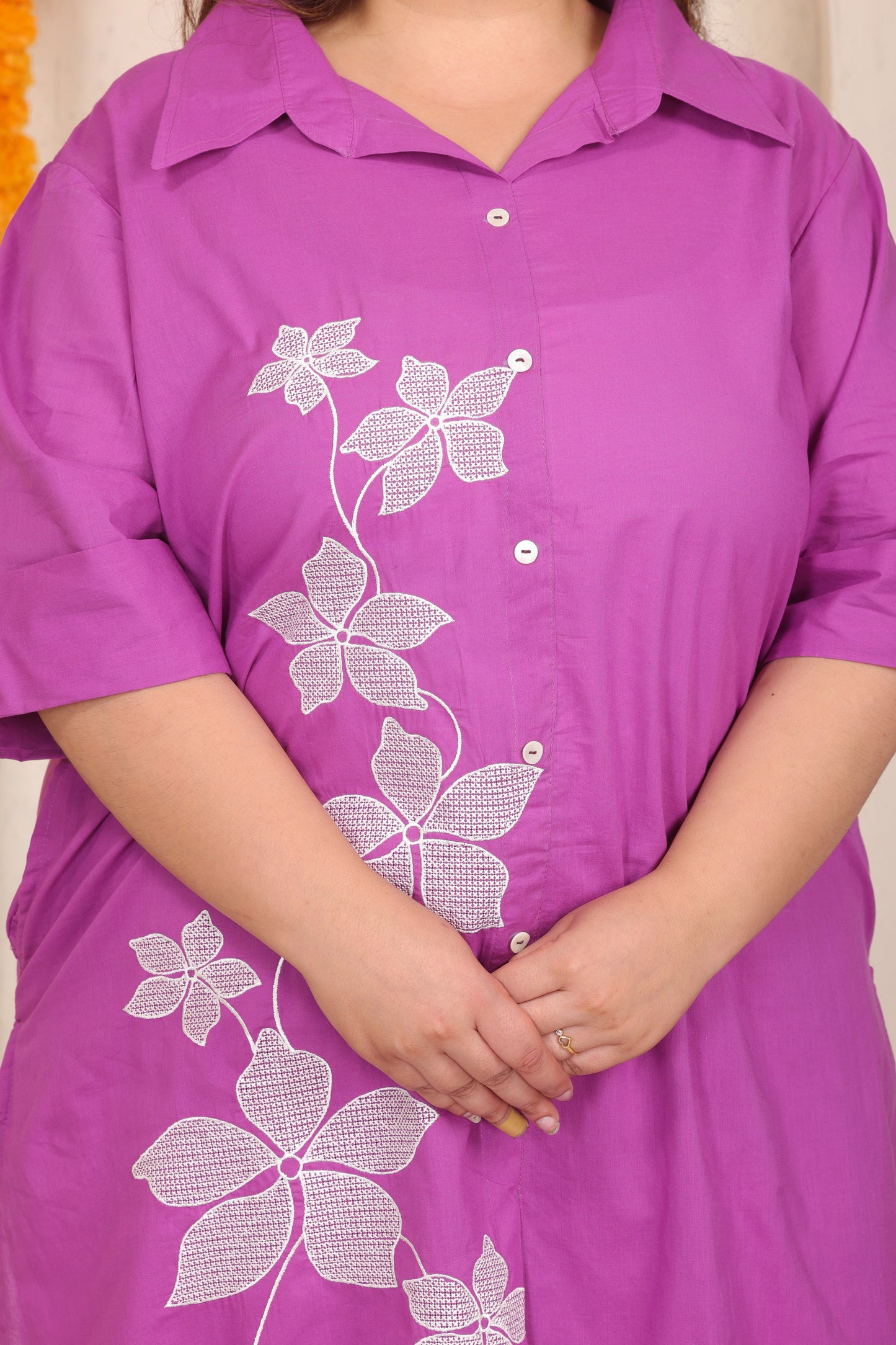 SOLID FLORAL EMBROIDERY COTTON CO-ORD SET IN MAGENTA PINK BY PLUSSIZEKURTI