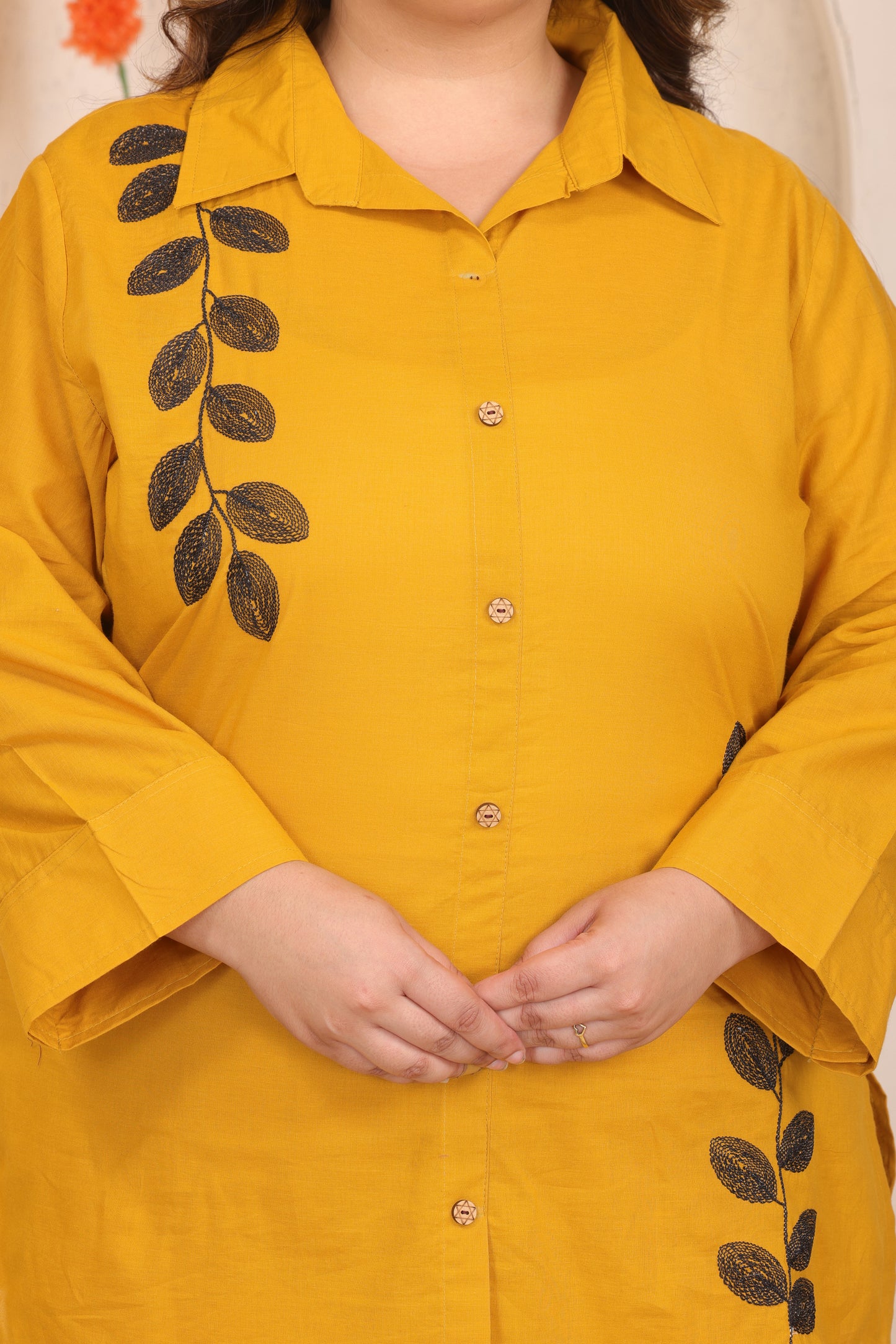 SOLID LEAF EMBROIDERY COTTON SHIRT PANT CO-ORD SET IN MUSTARD YELLOW BY PLUSSIZEKURTI