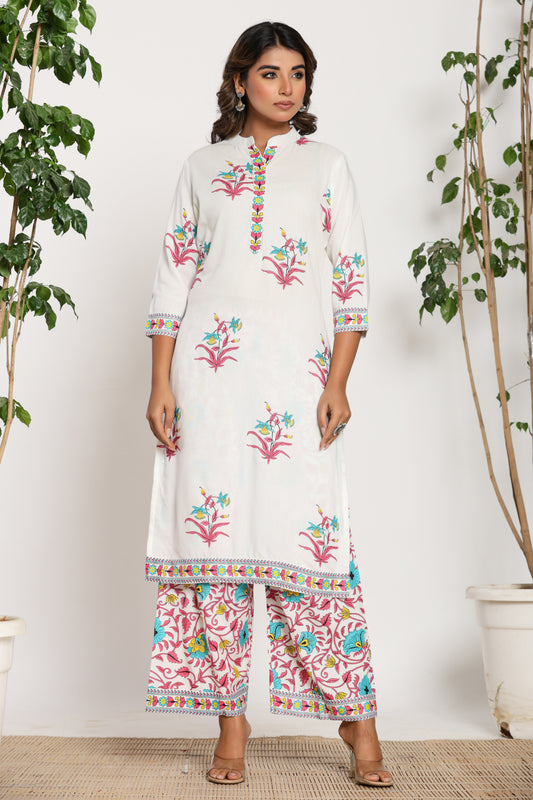 MUGHAL PRINT COTTON 2 PEICE KURTI PLAZZO SET IN WHITE/PINK BY PLUSSIZEKURTI