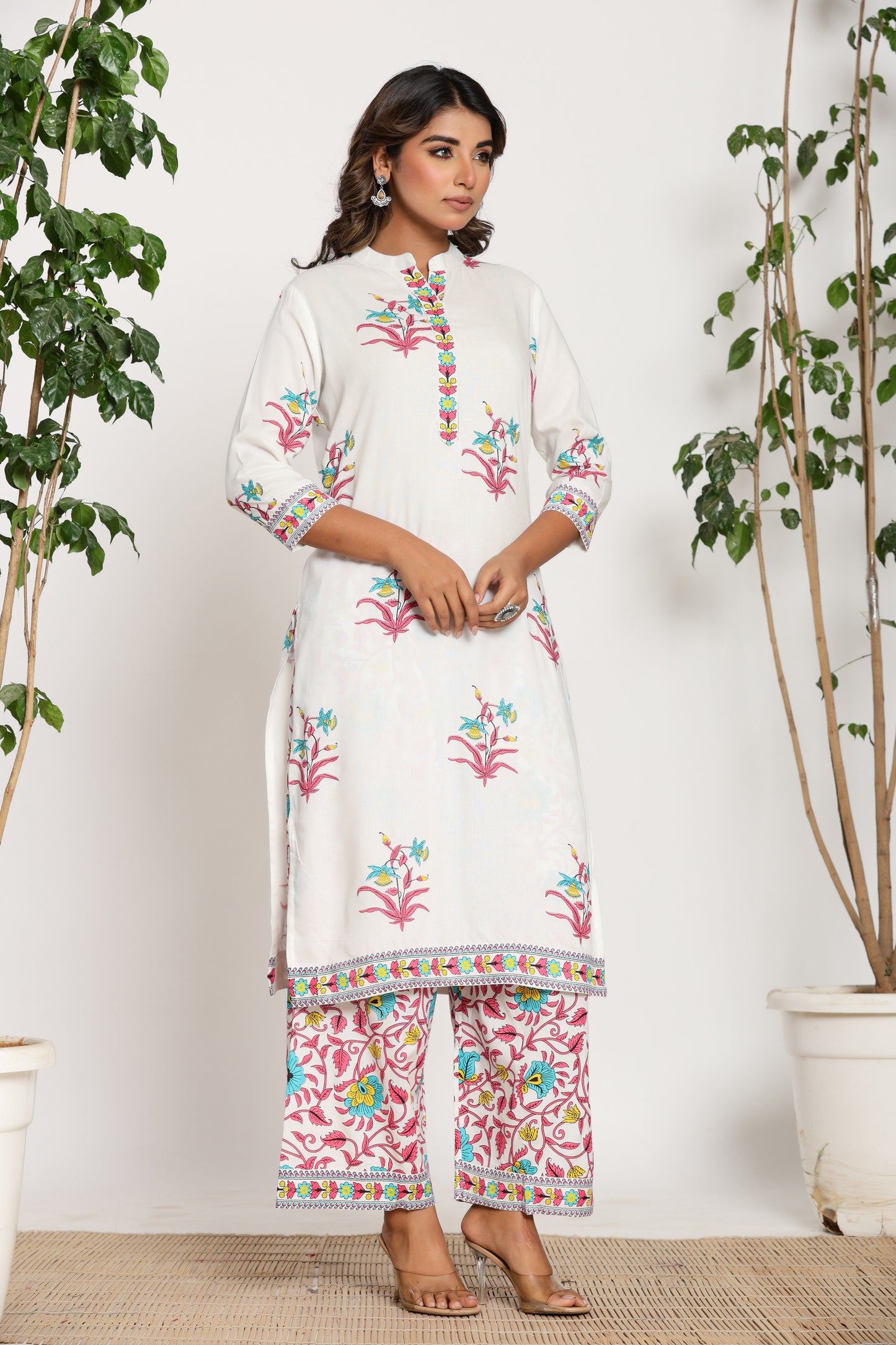 MUGHAL PRINT COTTON 2 PEICE KURTI PLAZZO SET IN WHITE/PINK BY PLUSSIZEKURTI