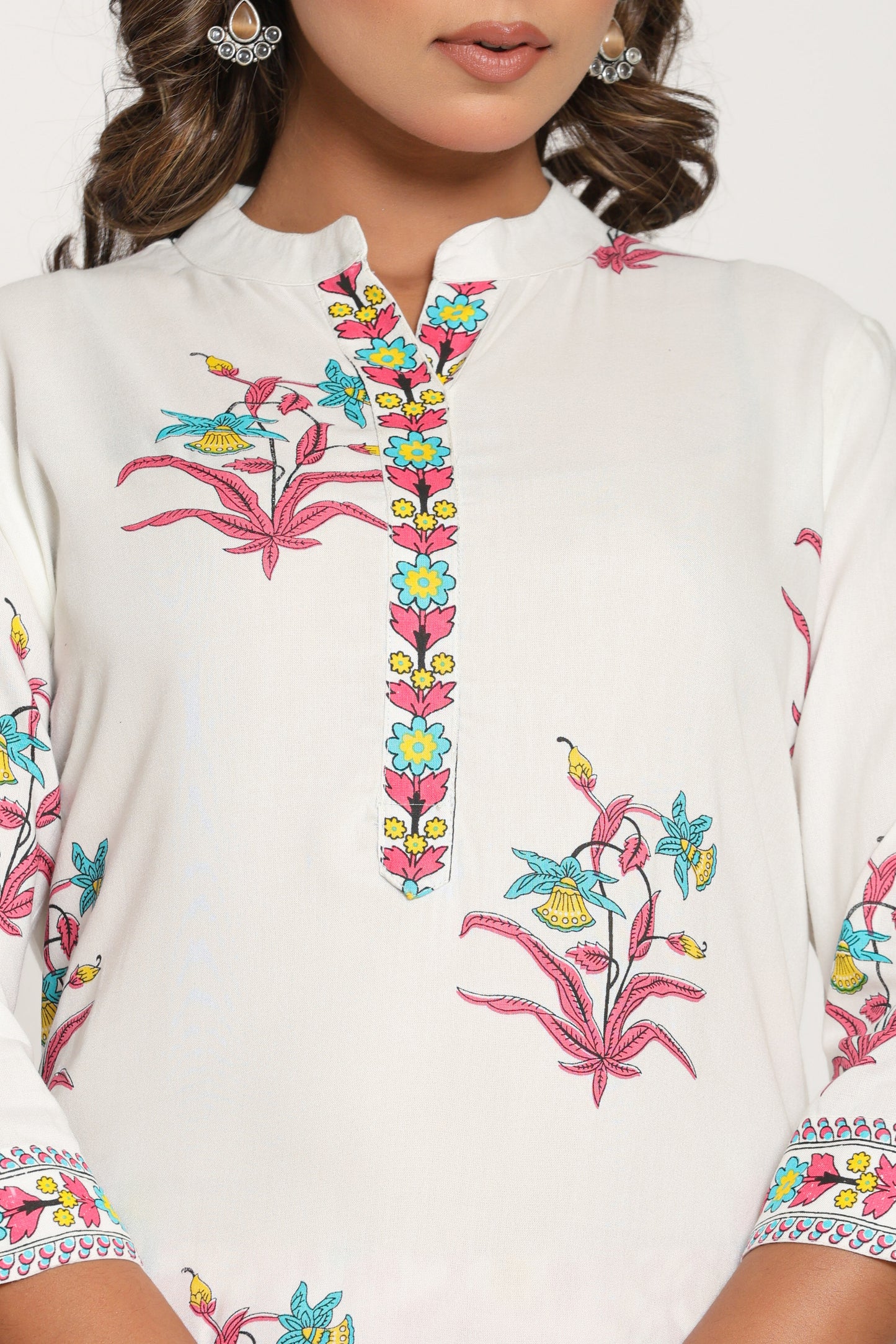 MUGHAL PRINT COTTON 2 PEICE KURTI PLAZZO SET IN WHITE/PINK BY PLUSSIZEKURTI