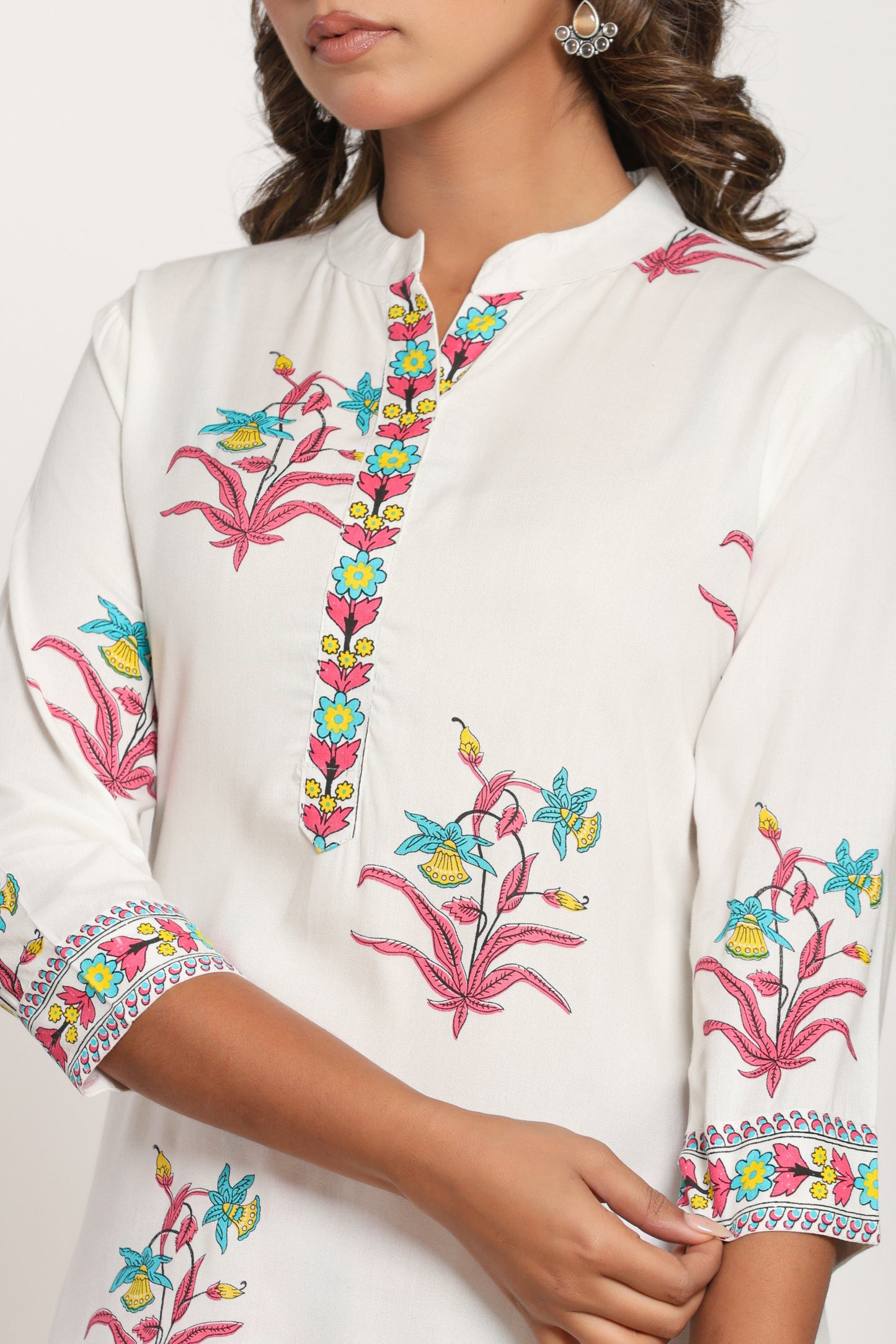 MUGHAL PRINT COTTON 2 PEICE KURTI PLAZZO SET IN WHITE/PINK BY PLUSSIZEKURTI