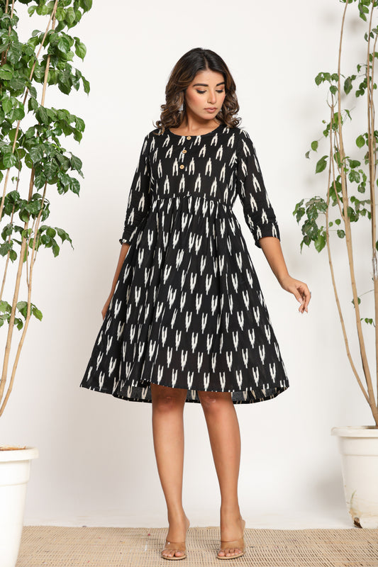 IKAT PRINT COTTON DRESS IN BLACK BY PLUSSIZEKURTI