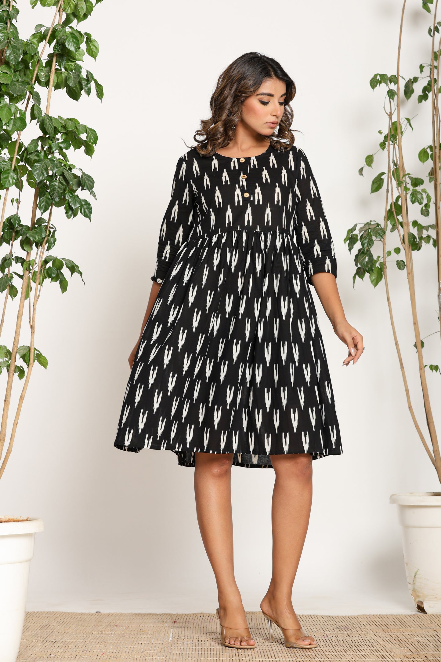 IKAT PRINT COTTON DRESS IN BLACK BY PLUSSIZEKURTI