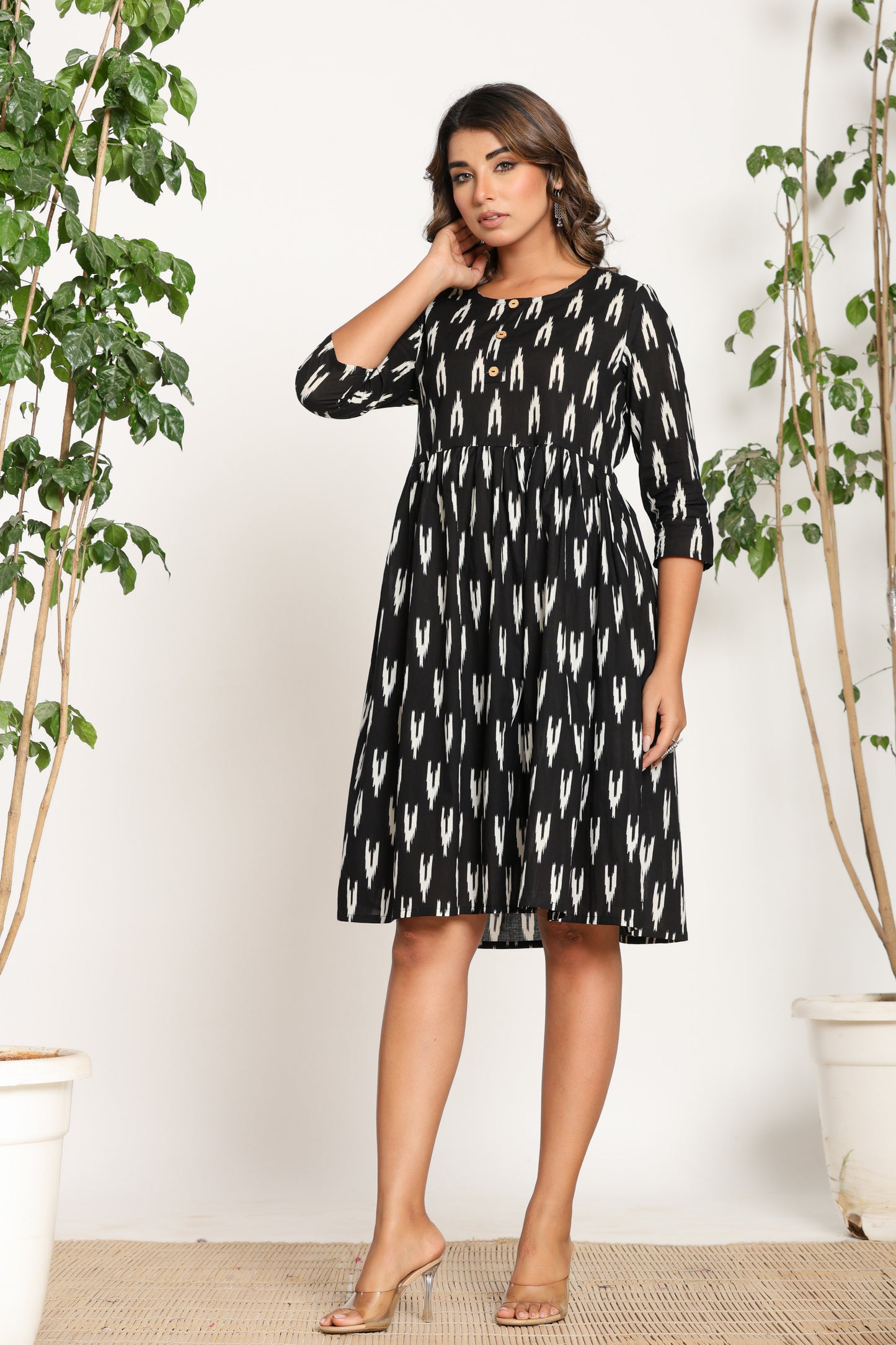 IKAT PRINT COTTON DRESS IN BLACK BY PLUSSIZEKURTI
