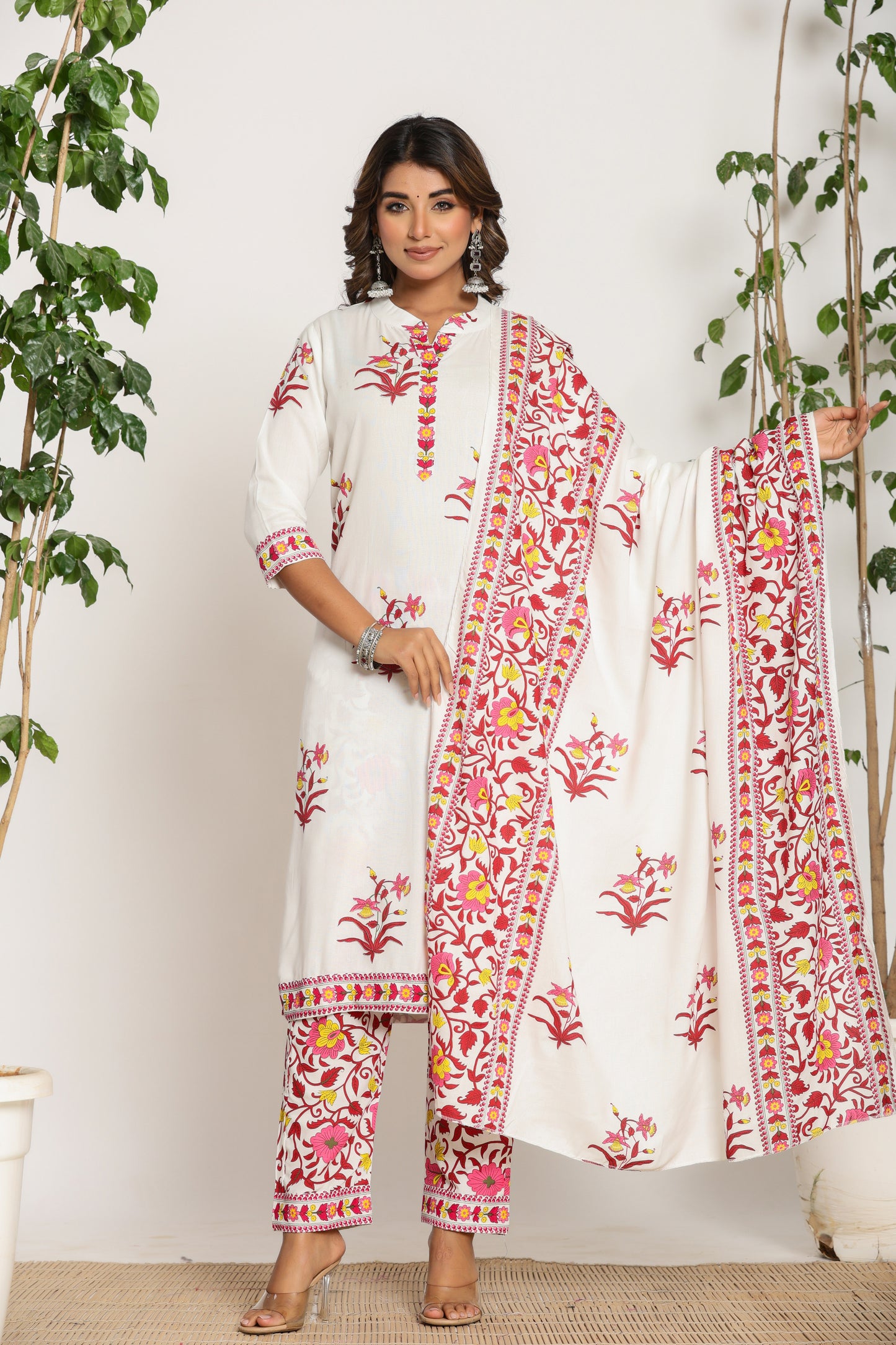 MUGHAL PRINT COTTON 3 PEICE KURTI PANT SET IN WHITE/PINK BY PLUSSIZEKURTI