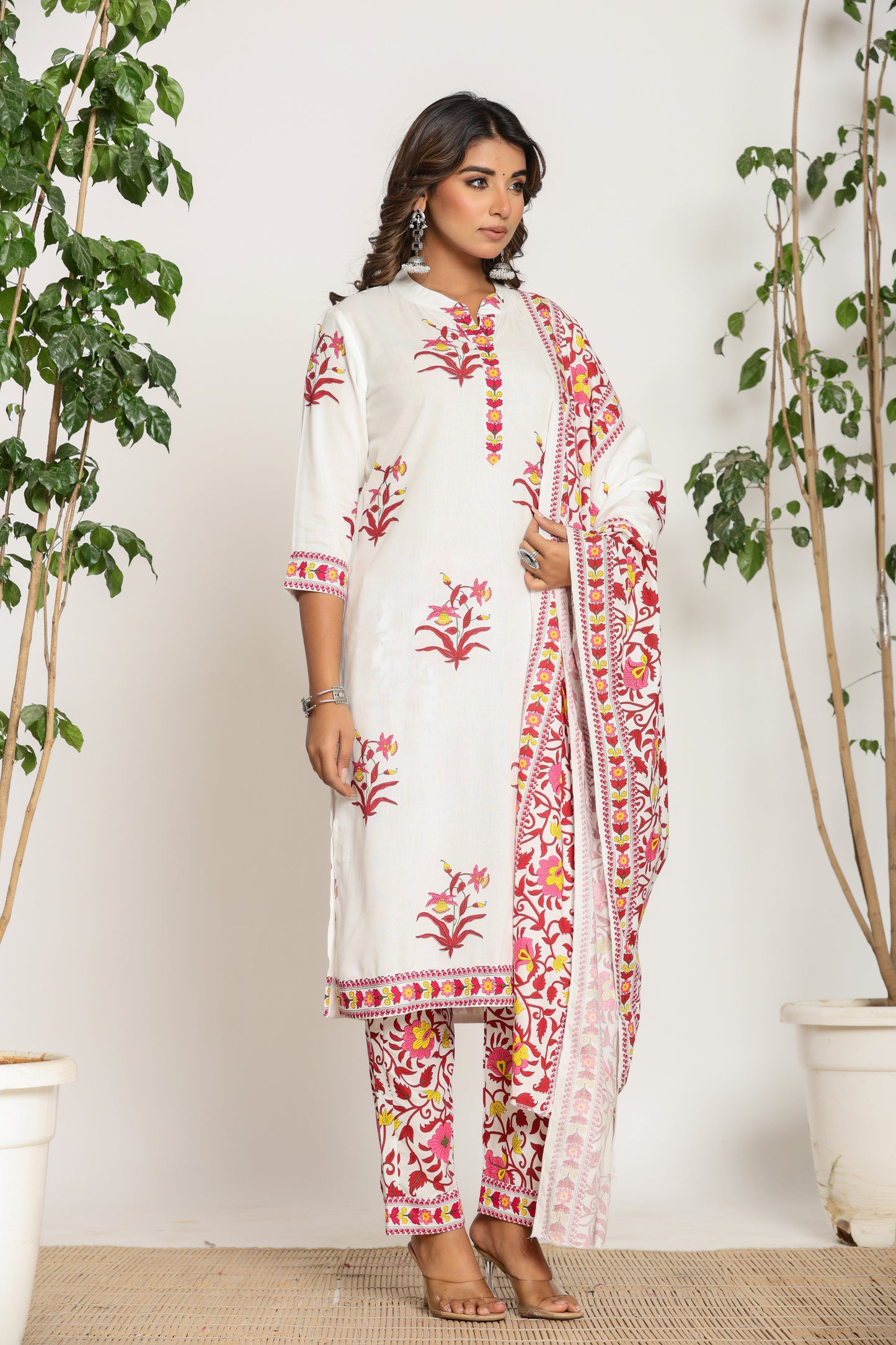MUGHAL PRINT COTTON 3 PEICE KURTI PANT SET IN WHITE/PINK BY PLUSSIZEKURTI