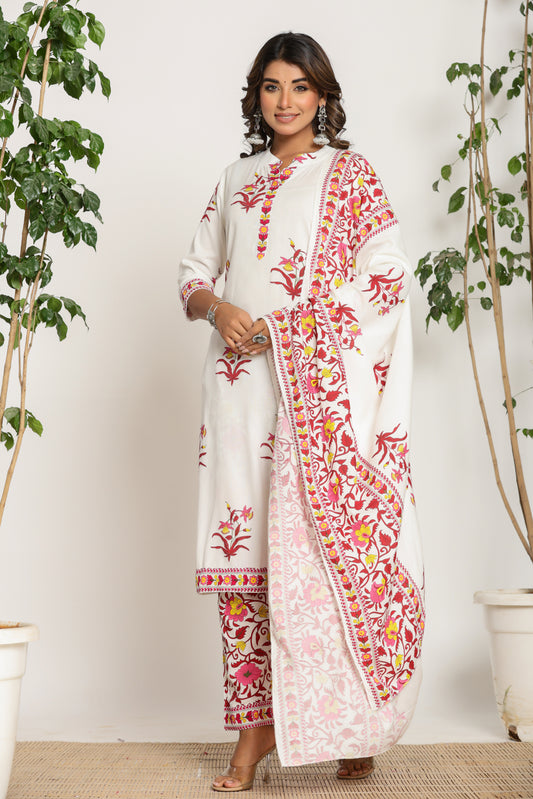 MUGHAL PRINT COTTON 3 PEICE KURTI PANT SET IN WHITE/PINK BY PLUSSIZEKURTI