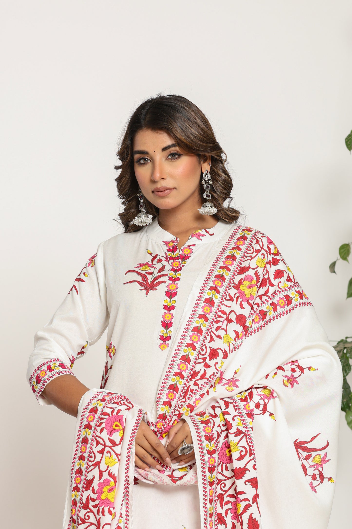 MUGHAL PRINT COTTON 3 PEICE KURTI PANT SET IN WHITE/PINK BY PLUSSIZEKURTI