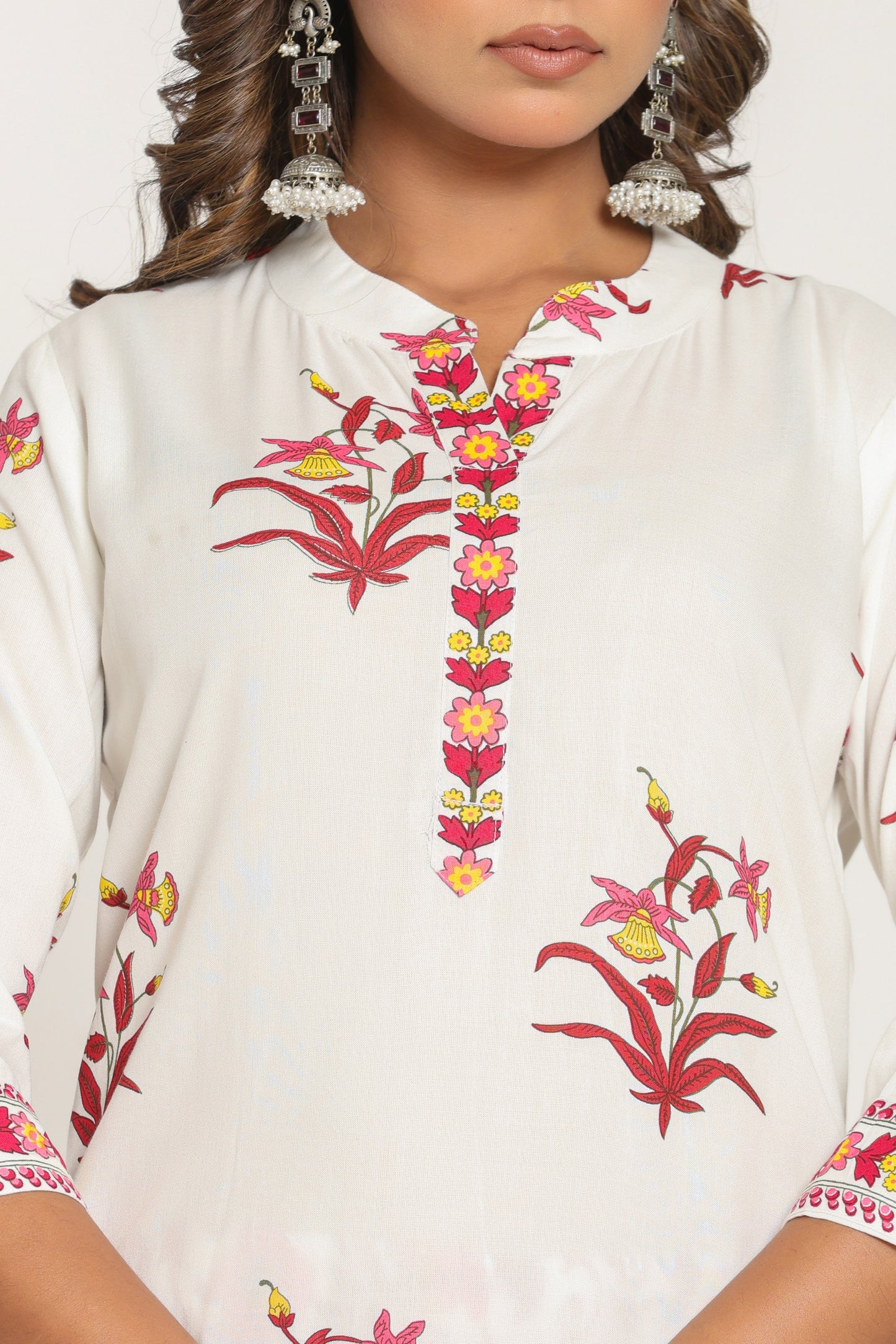 MUGHAL PRINT COTTON 3 PEICE KURTI PANT SET IN WHITE/PINK BY PLUSSIZEKURTI
