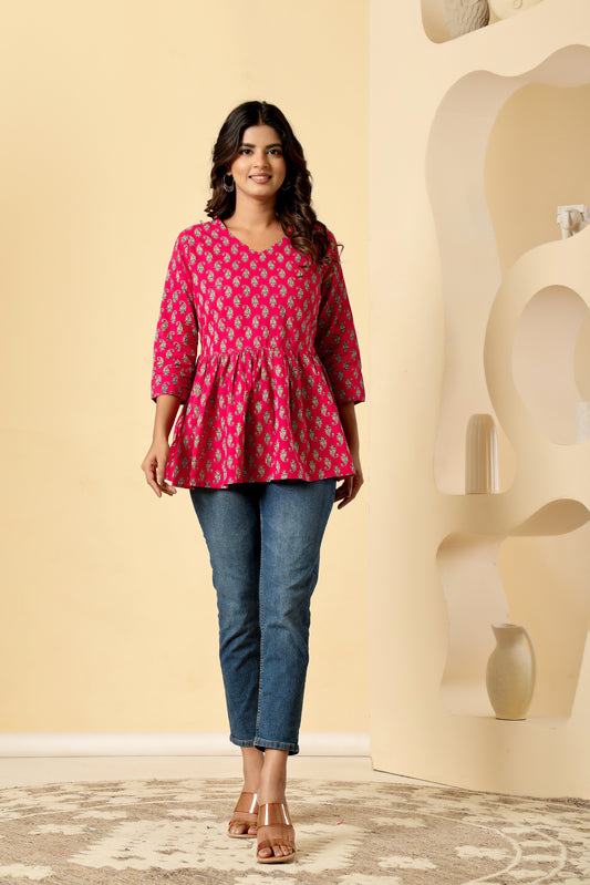 PAISLEY MOTIF PRINT COTTON TOP IN RANIPINK COLOUR BY PLUSSIZEKURTI