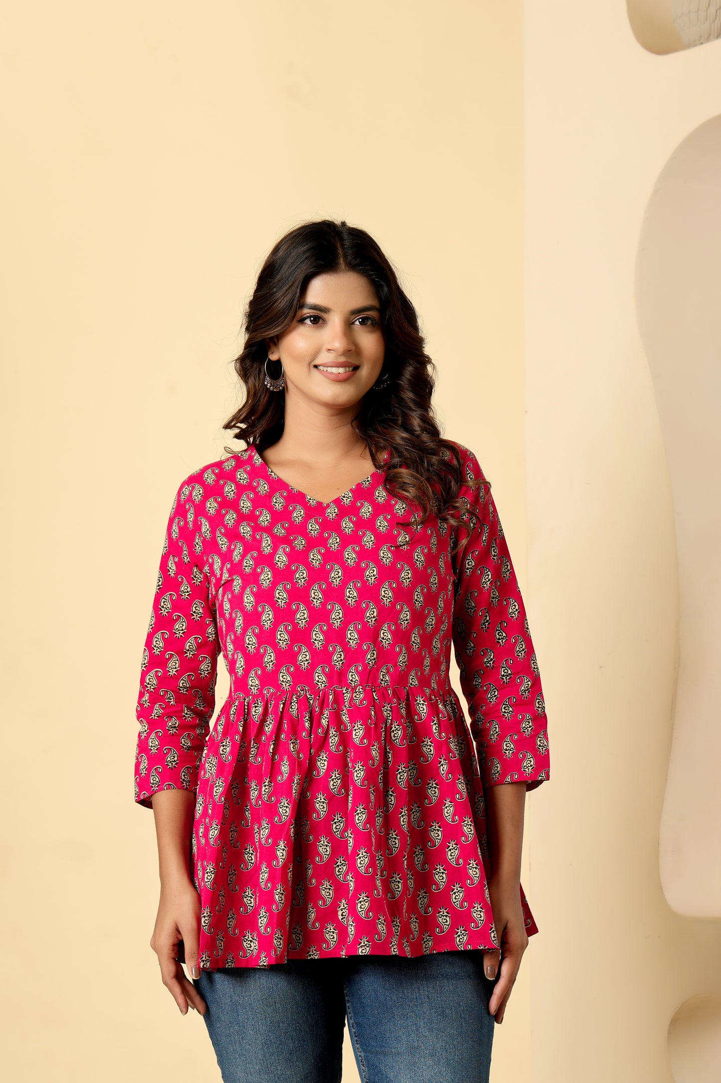 PAISLEY MOTIF PRINT COTTON TOP IN RANIPINK COLOUR BY PLUSSIZEKURTI
