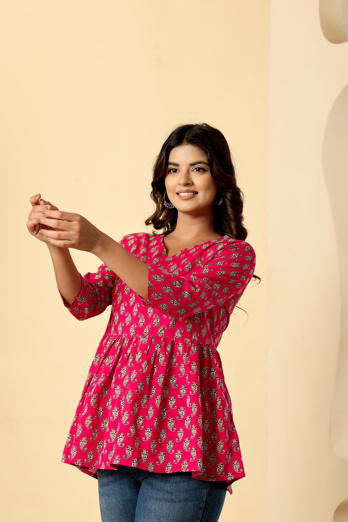 PAISLEY MOTIF PRINT COTTON TOP IN RANIPINK COLOUR BY PLUSSIZEKURTI