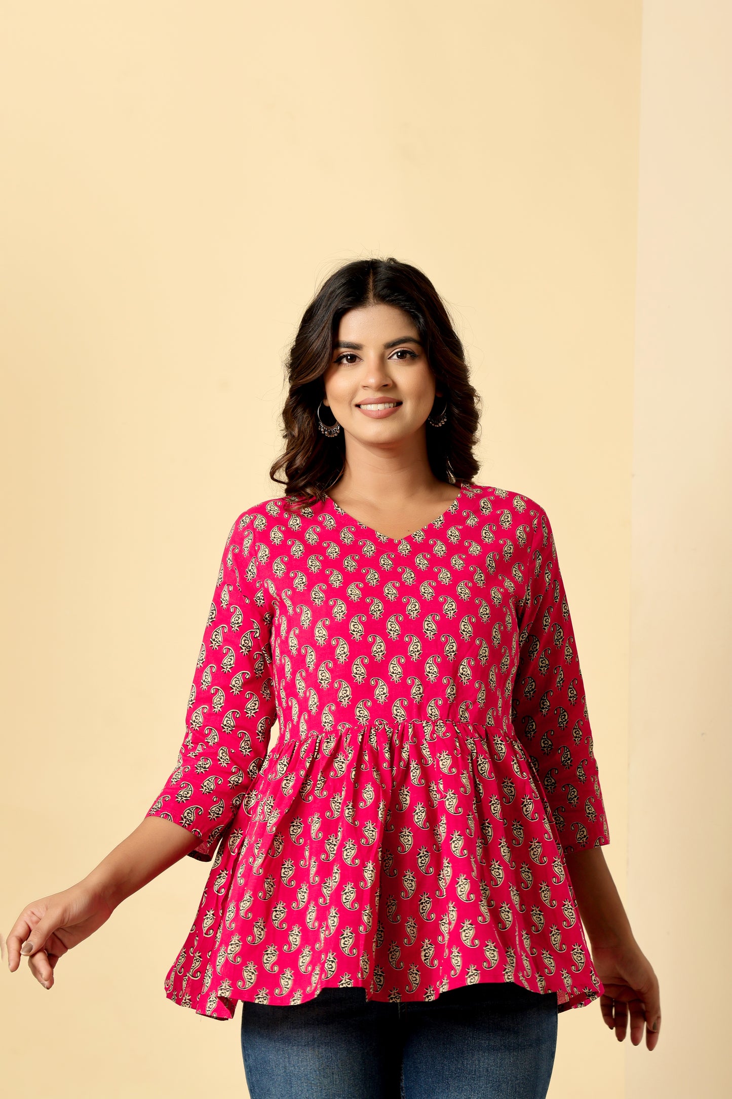 PAISLEY MOTIF PRINT COTTON TOP IN RANIPINK COLOUR BY PLUSSIZEKURTI