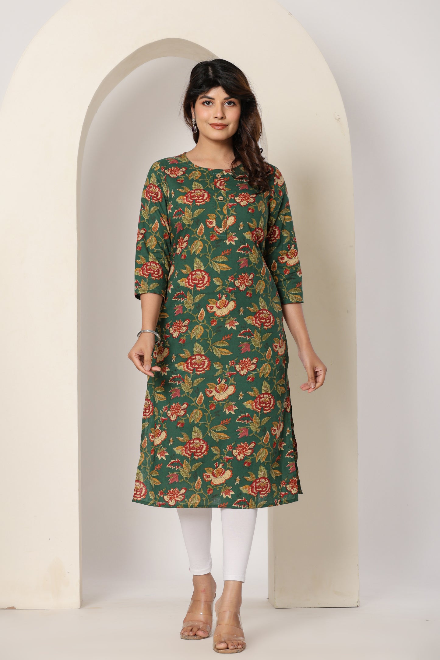 FLORAL PRINTED COTTON KURTI IN BOTTLEGREEN BY PLUSSIZE KURTI