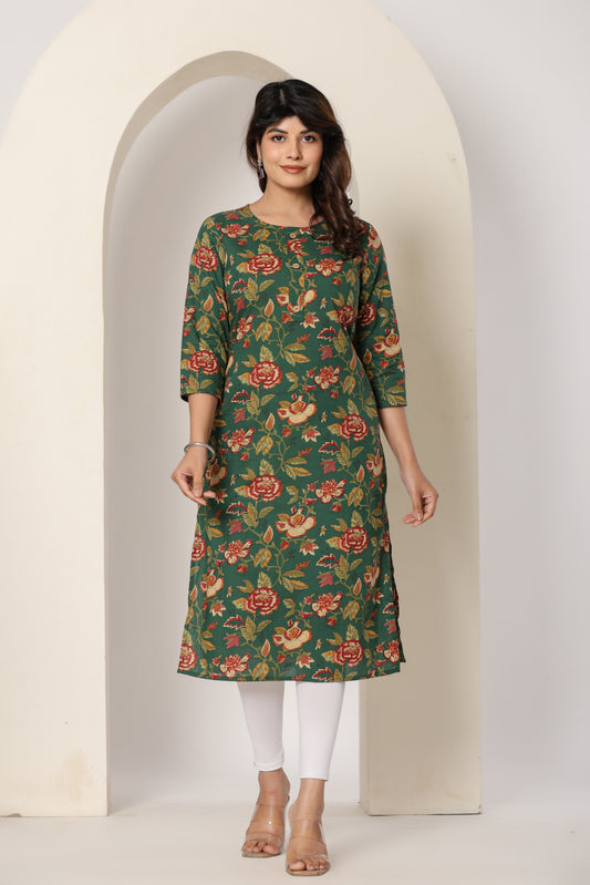 FLORAL PRINTED COTTON KURTI IN BOTTLEGREEN BY PLUSSIZE KURTI