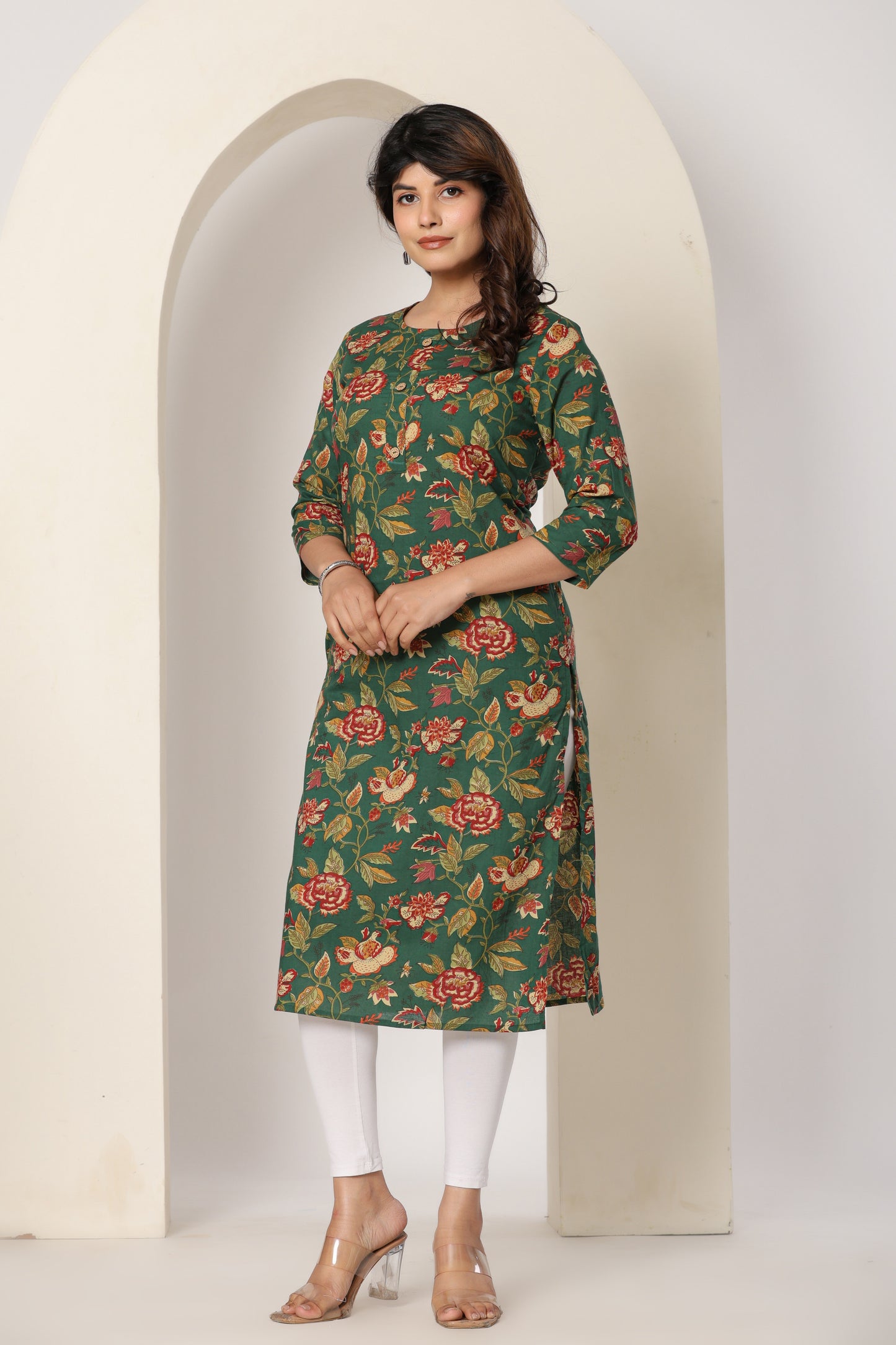 FLORAL PRINTED COTTON KURTI IN BOTTLEGREEN BY PLUSSIZE KURTI