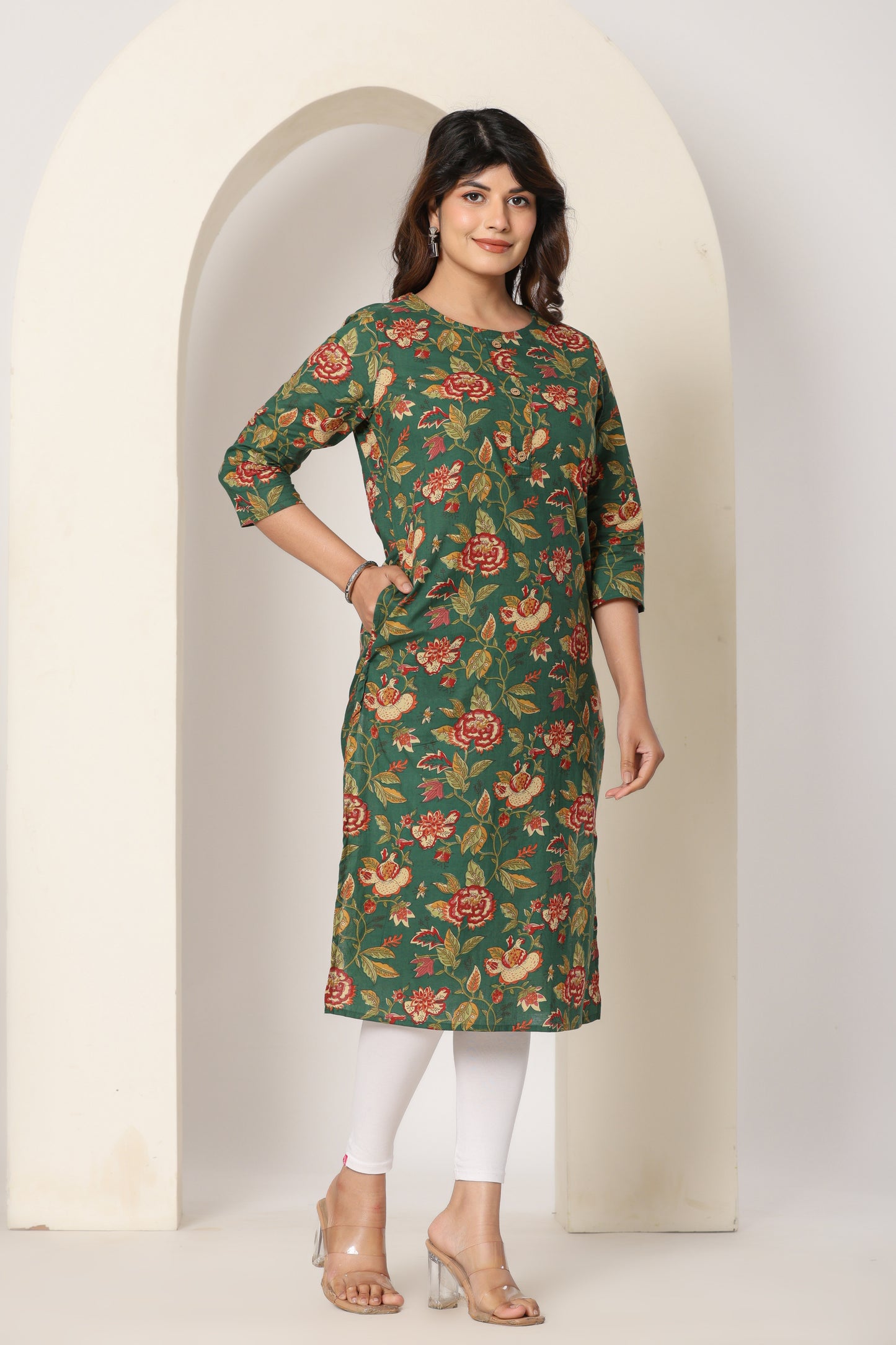 FLORAL PRINTED COTTON KURTI IN BOTTLEGREEN BY PLUSSIZE KURTI