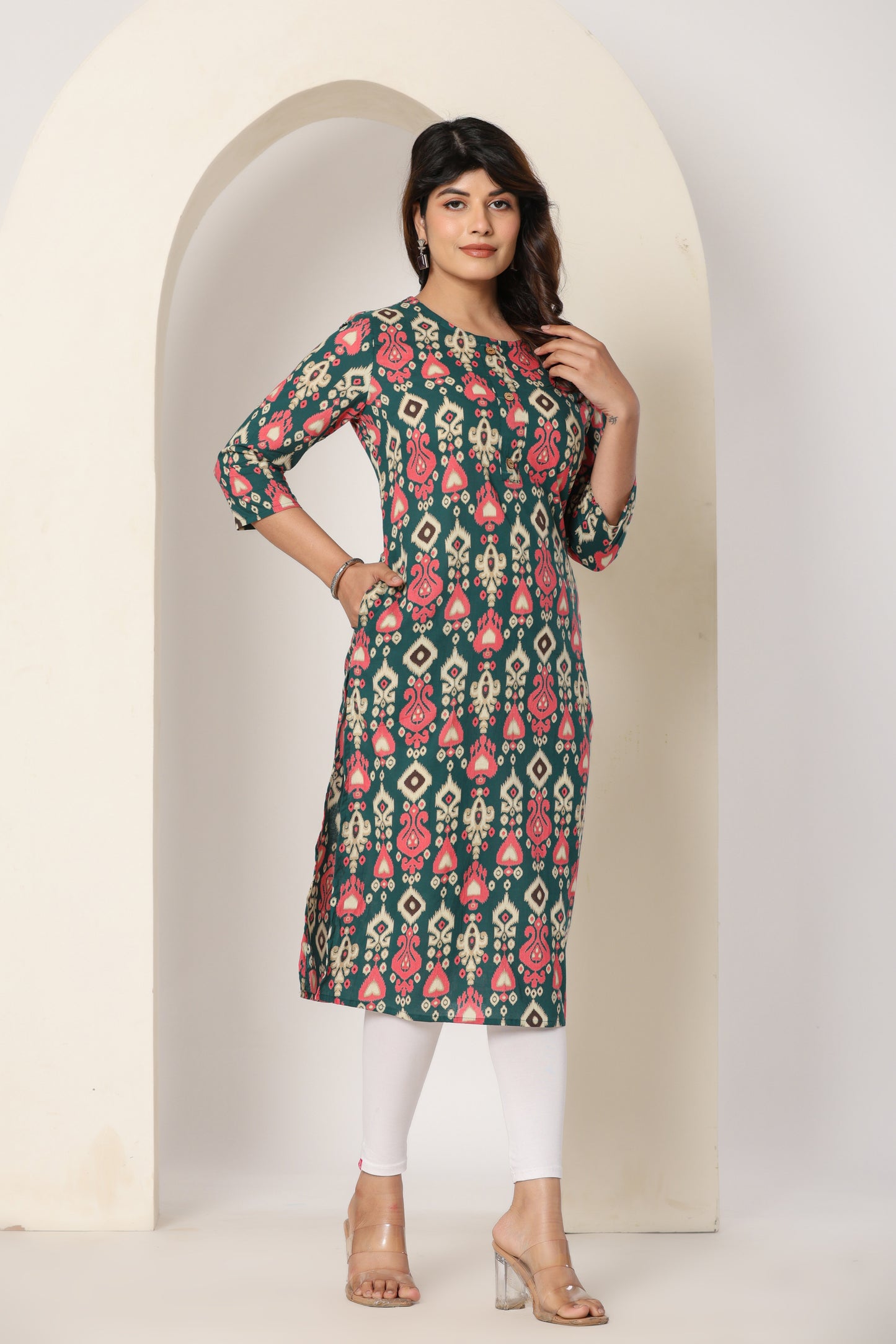 IKAT PRINTED COTTON KURTI TURQUOISE GREEN IN BY PLUSSIZE KURTI