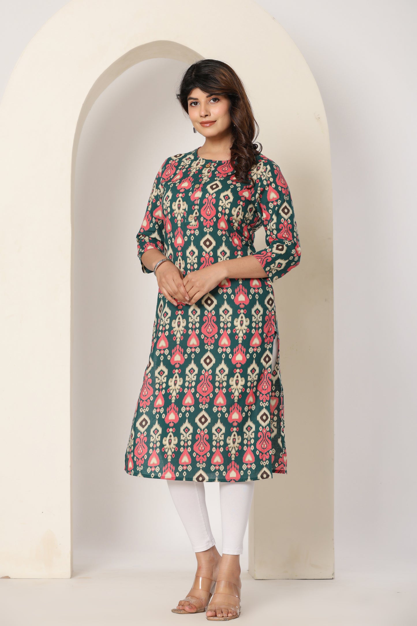IKAT PRINTED COTTON KURTI TURQUOISE GREEN IN BY PLUSSIZE KURTI