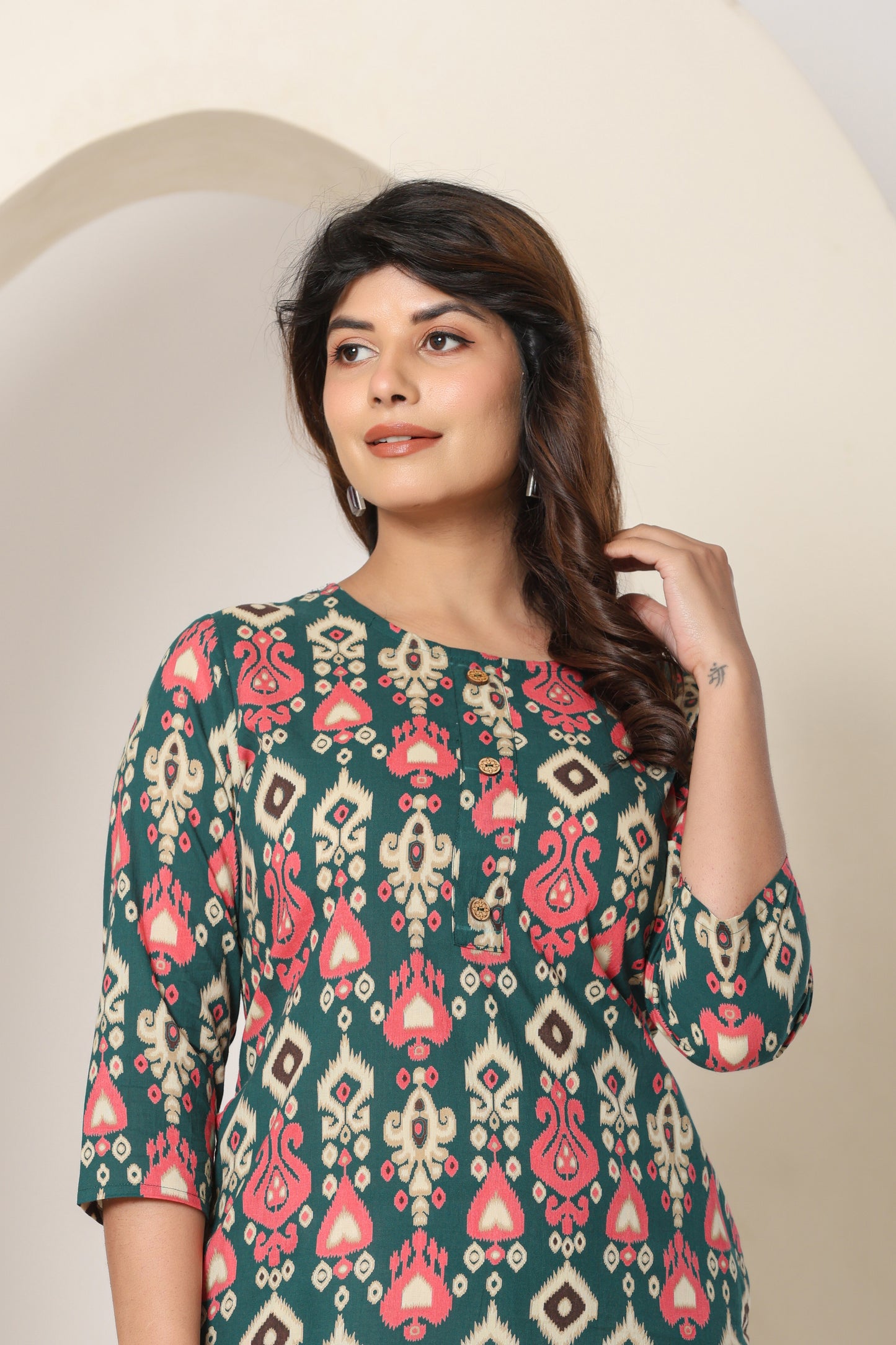 IKAT PRINTED COTTON KURTI TURQUOISE GREEN IN BY PLUSSIZE KURTI