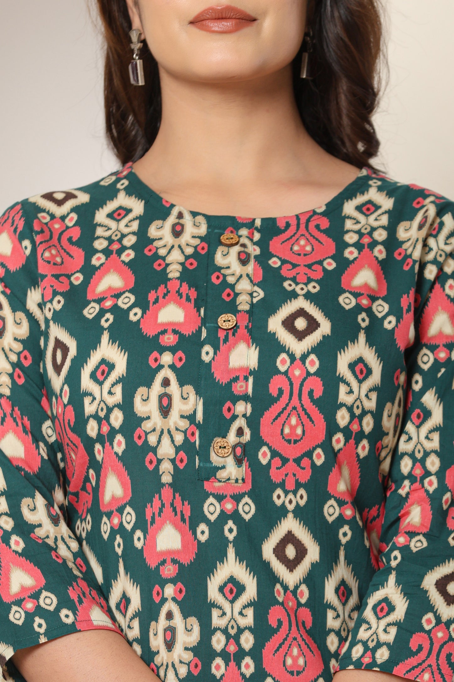 IKAT PRINTED COTTON KURTI TURQUOISE GREEN IN BY PLUSSIZE KURTI