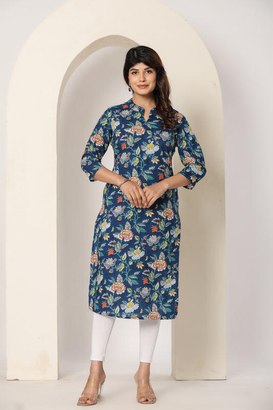FLORAL PRINTED COTTON KURTI IN BLUE BY PLUSSIZE KURTI