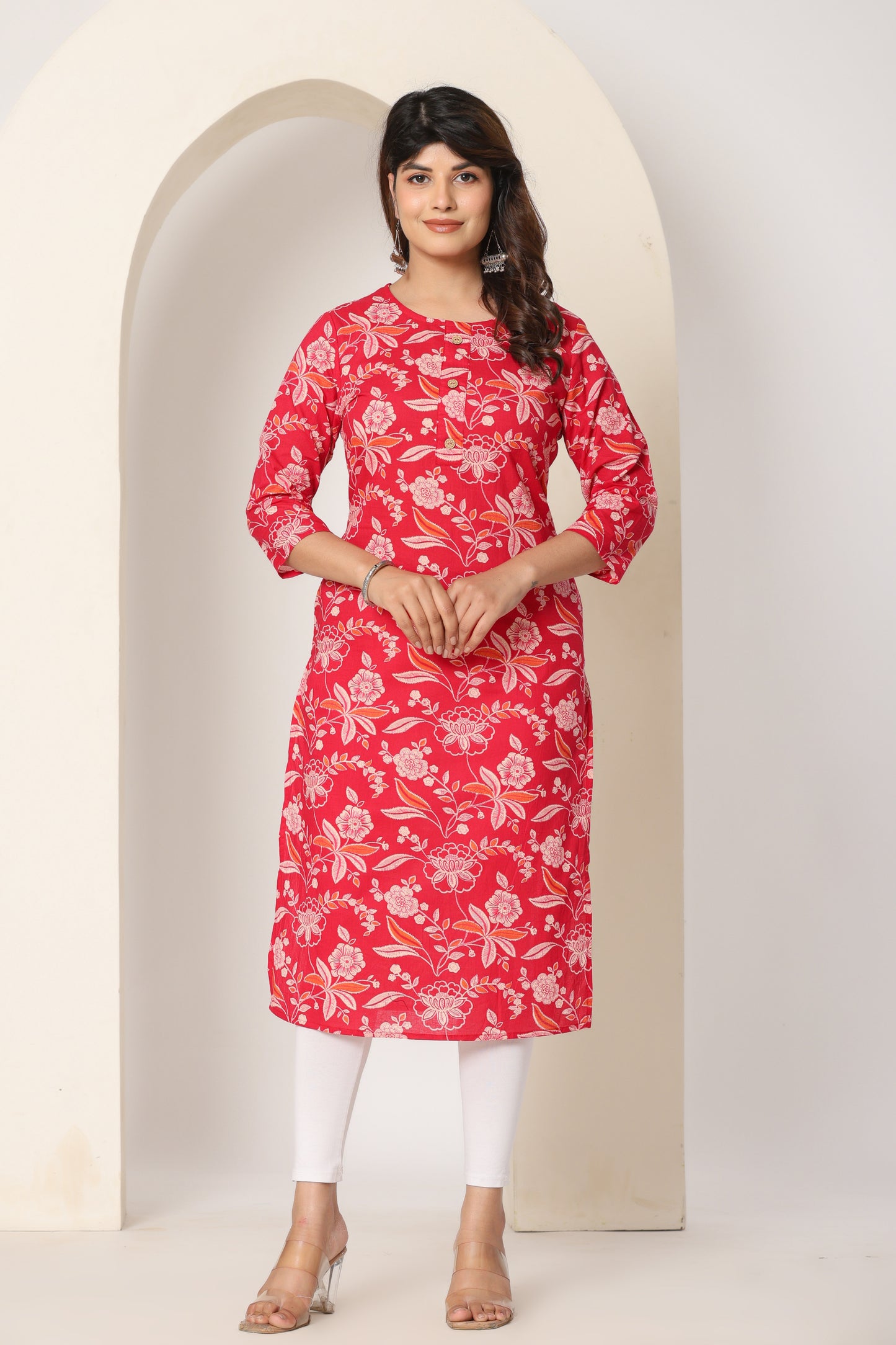 FLORAL PRINT COTTON KURTI IN RED BY PLUSSIZE KURTI