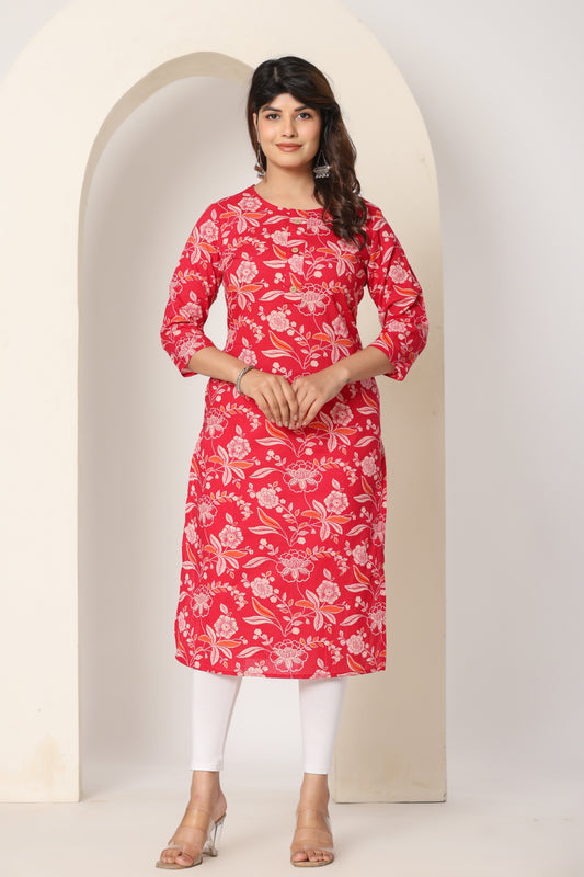 FLORAL PRINT COTTON KURTI IN RED BY PLUSSIZE KURTI