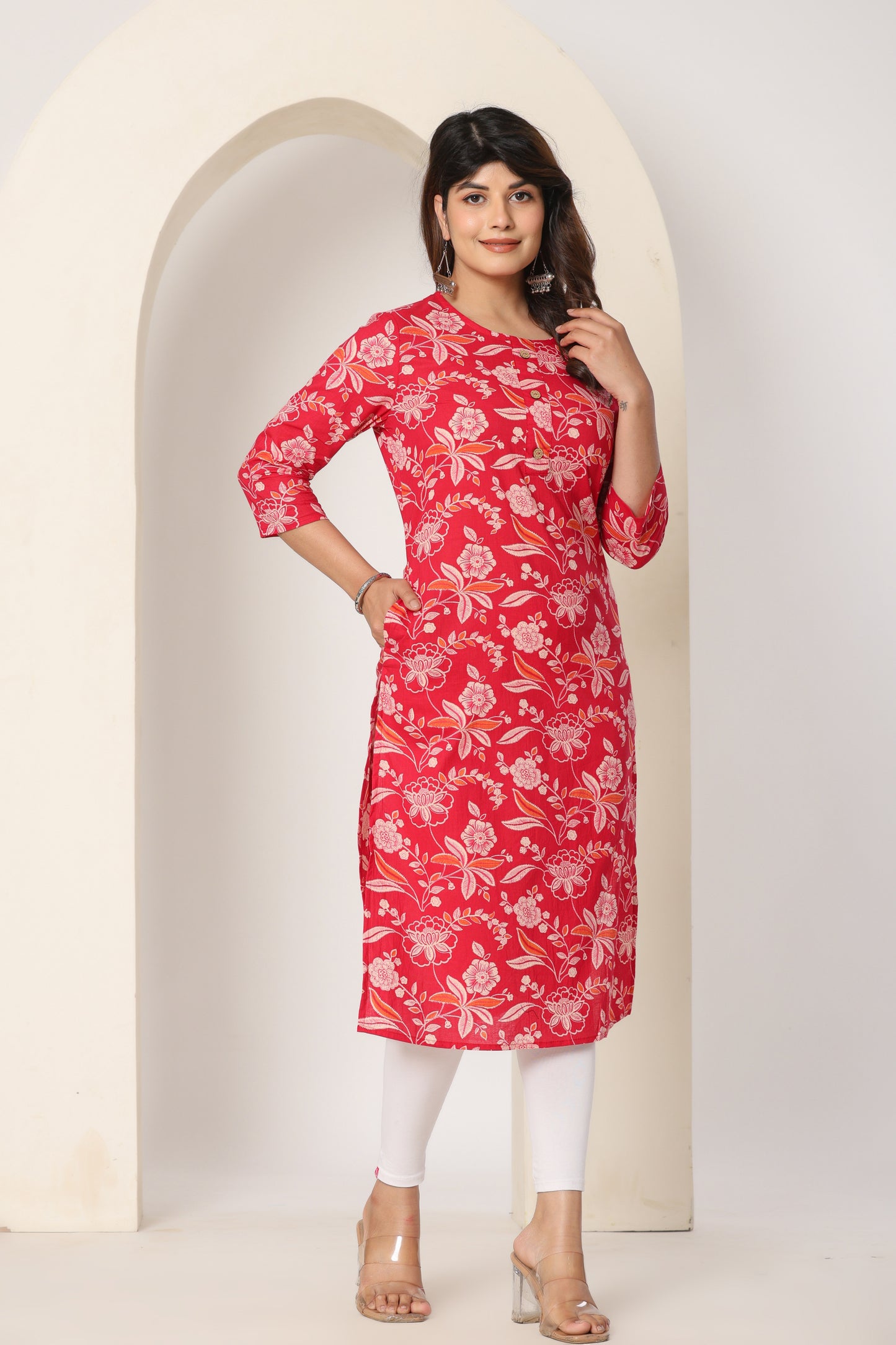 FLORAL PRINT COTTON KURTI IN RED BY PLUSSIZE KURTI