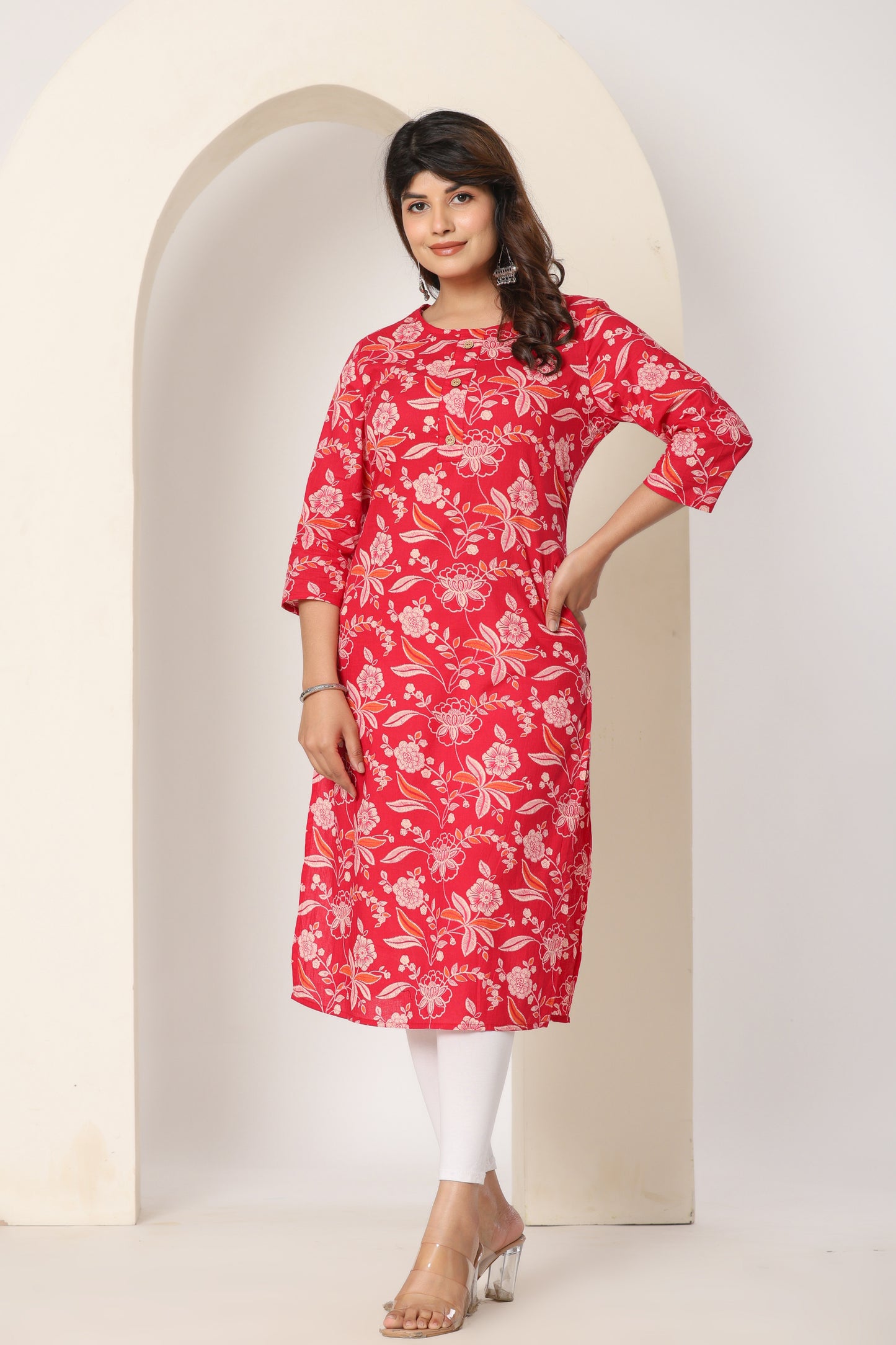 FLORAL PRINT COTTON KURTI IN RED BY PLUSSIZE KURTI
