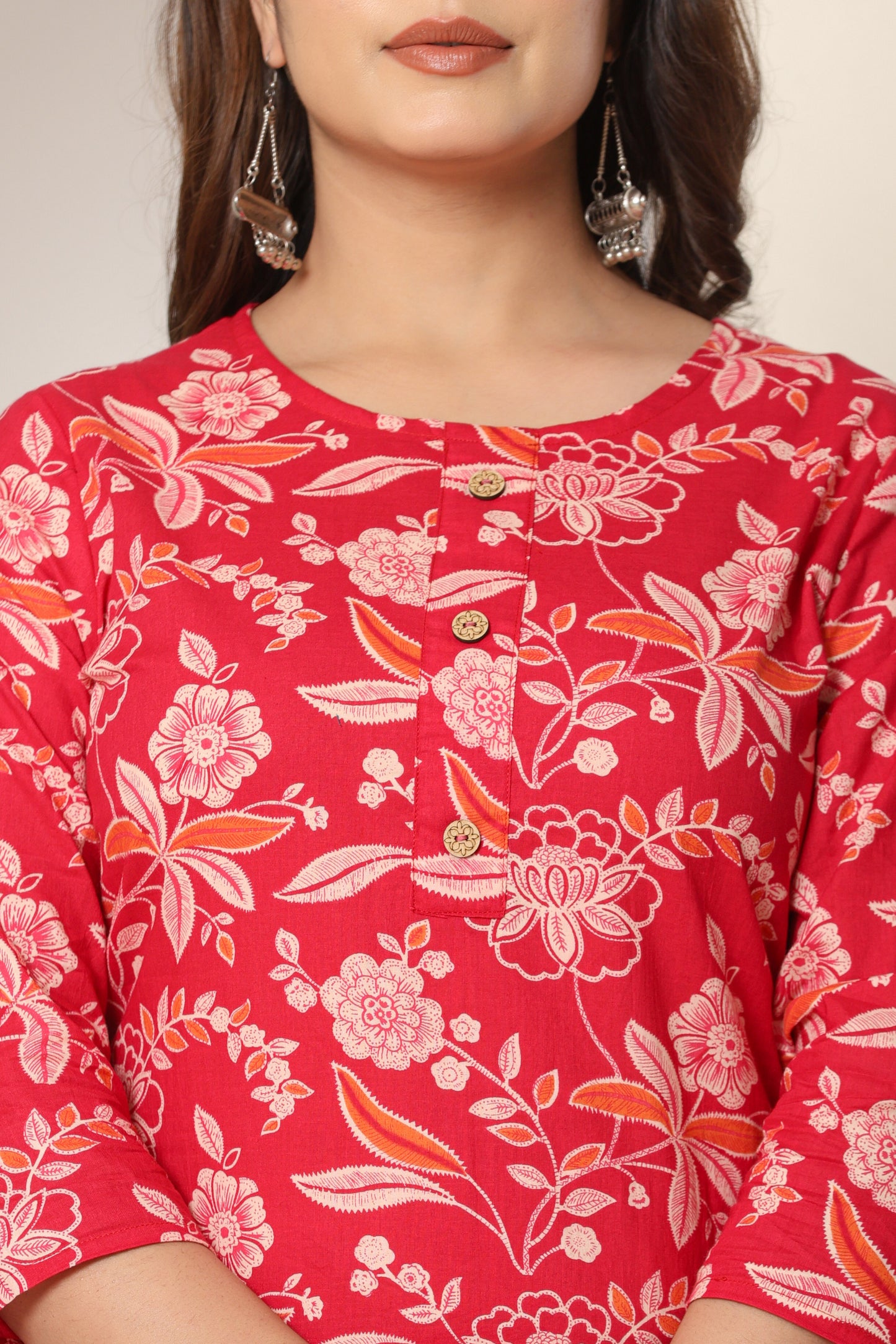 FLORAL PRINT COTTON KURTI IN RED BY PLUSSIZE KURTI