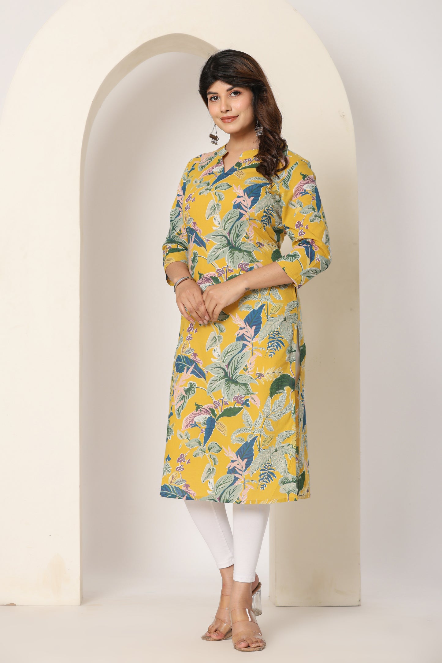 JUNGLE PRINT COTTON KURTI IN YELLOW BY PLUSSIZE KURTI