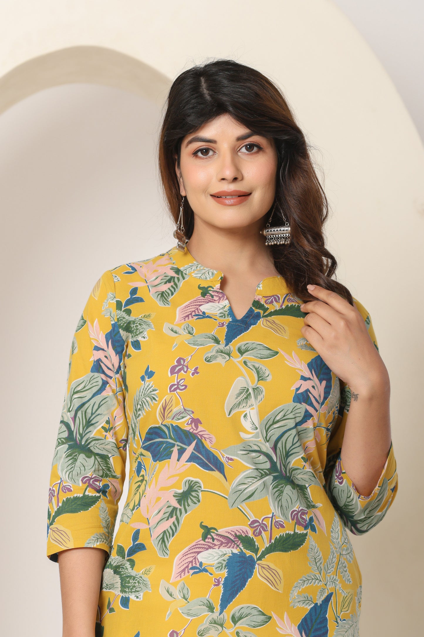 JUNGLE PRINT COTTON KURTI IN YELLOW BY PLUSSIZE KURTI