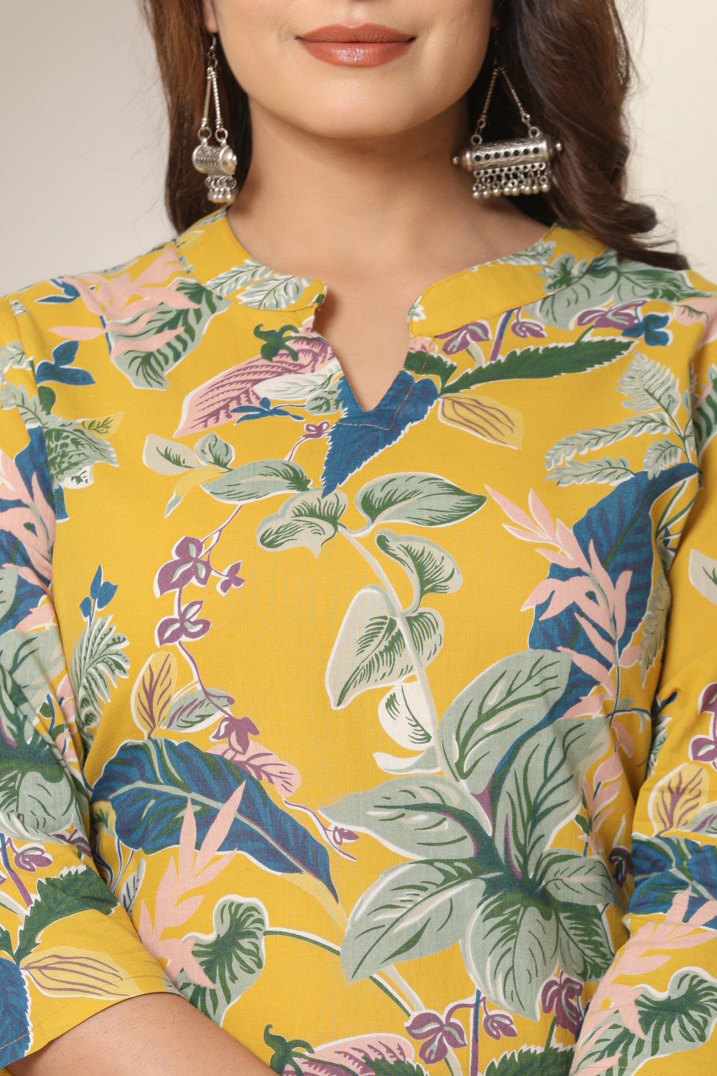 JUNGLE PRINT COTTON KURTI IN YELLOW BY PLUSSIZE KURTI