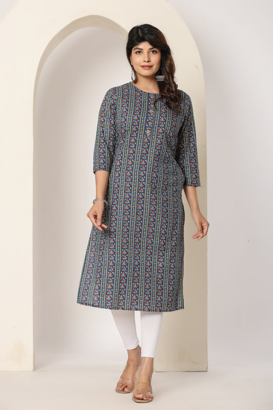 FLORAL STRIPE PRINT COTTON KURTI IN BLUE BY PLUSSIZE KURTI