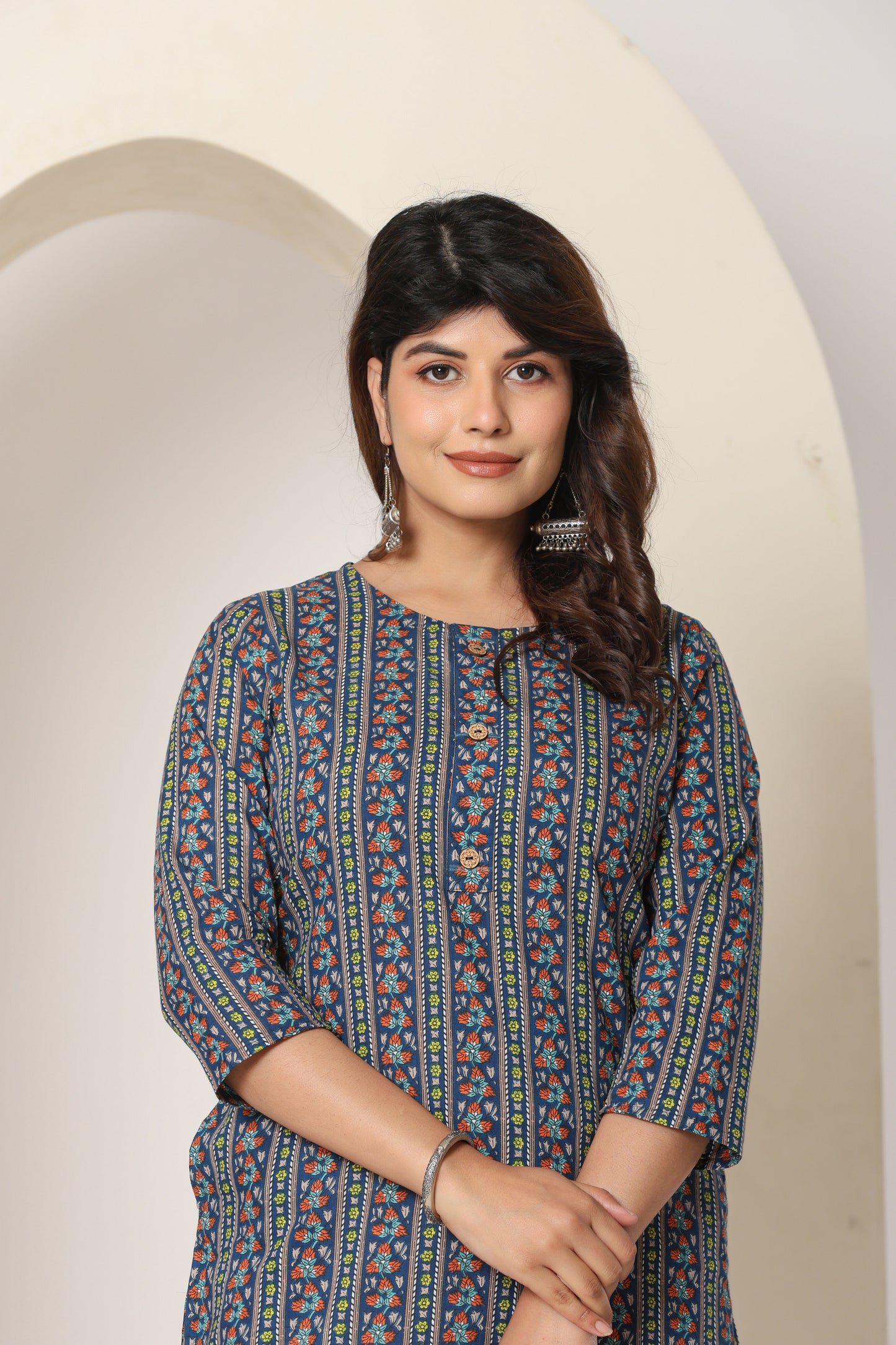 FLORAL STRIPE PRINT COTTON KURTI IN BLUE BY PLUSSIZE KURTI