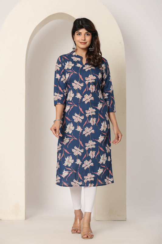 FLORAL PRINT COTTON KURTI IN BLUE BY PLUSSIZE KURTI